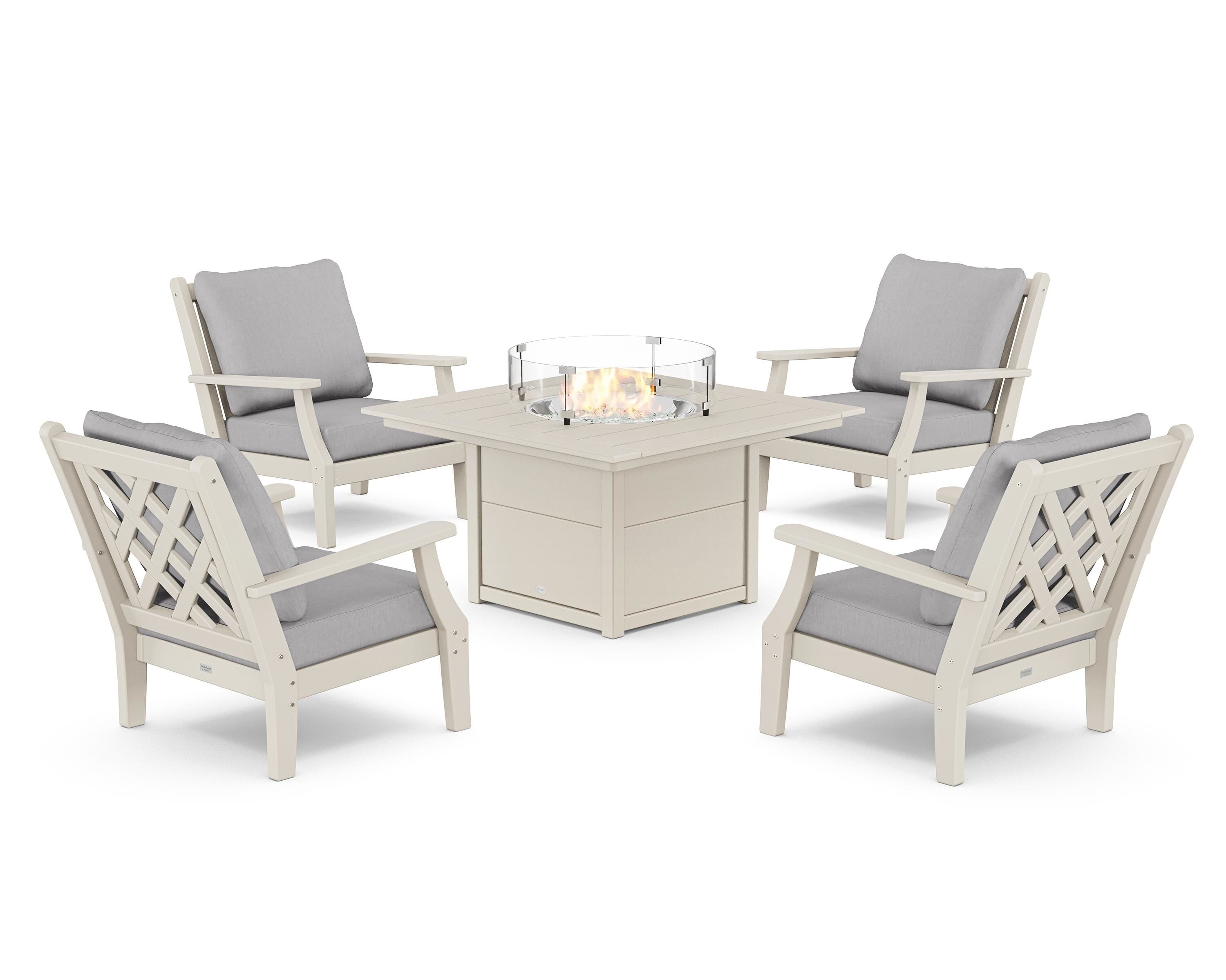 Country Living Wovendale 5-Piece Deep Seating Set with Fire Pit Table in Sand / Granite