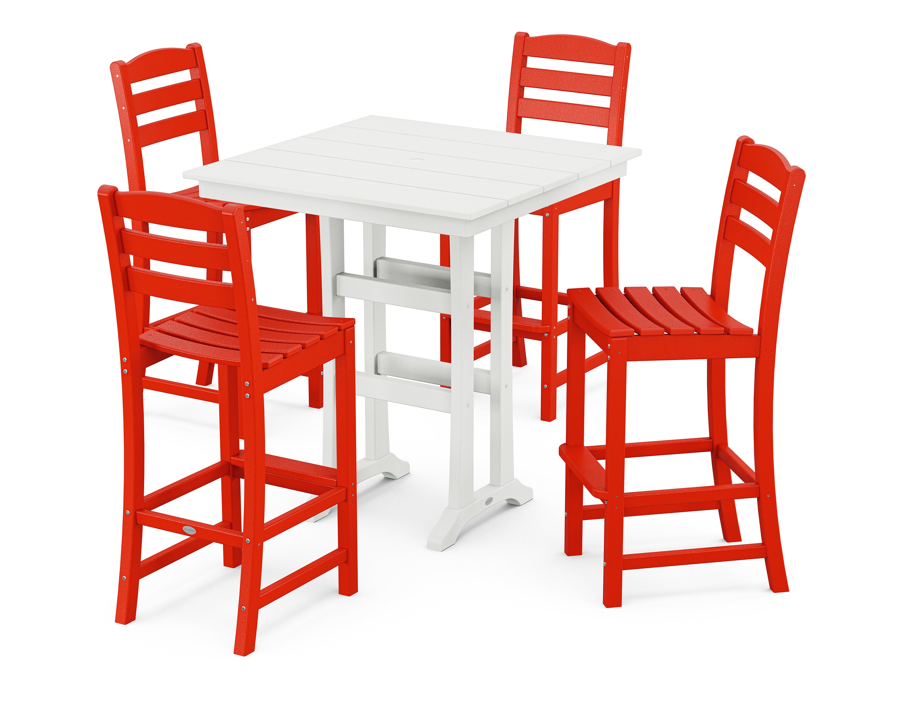 POLYWOOD La Casa Café 5-Piece Farmhouse Trestle Bar Set in Sunset Red / White