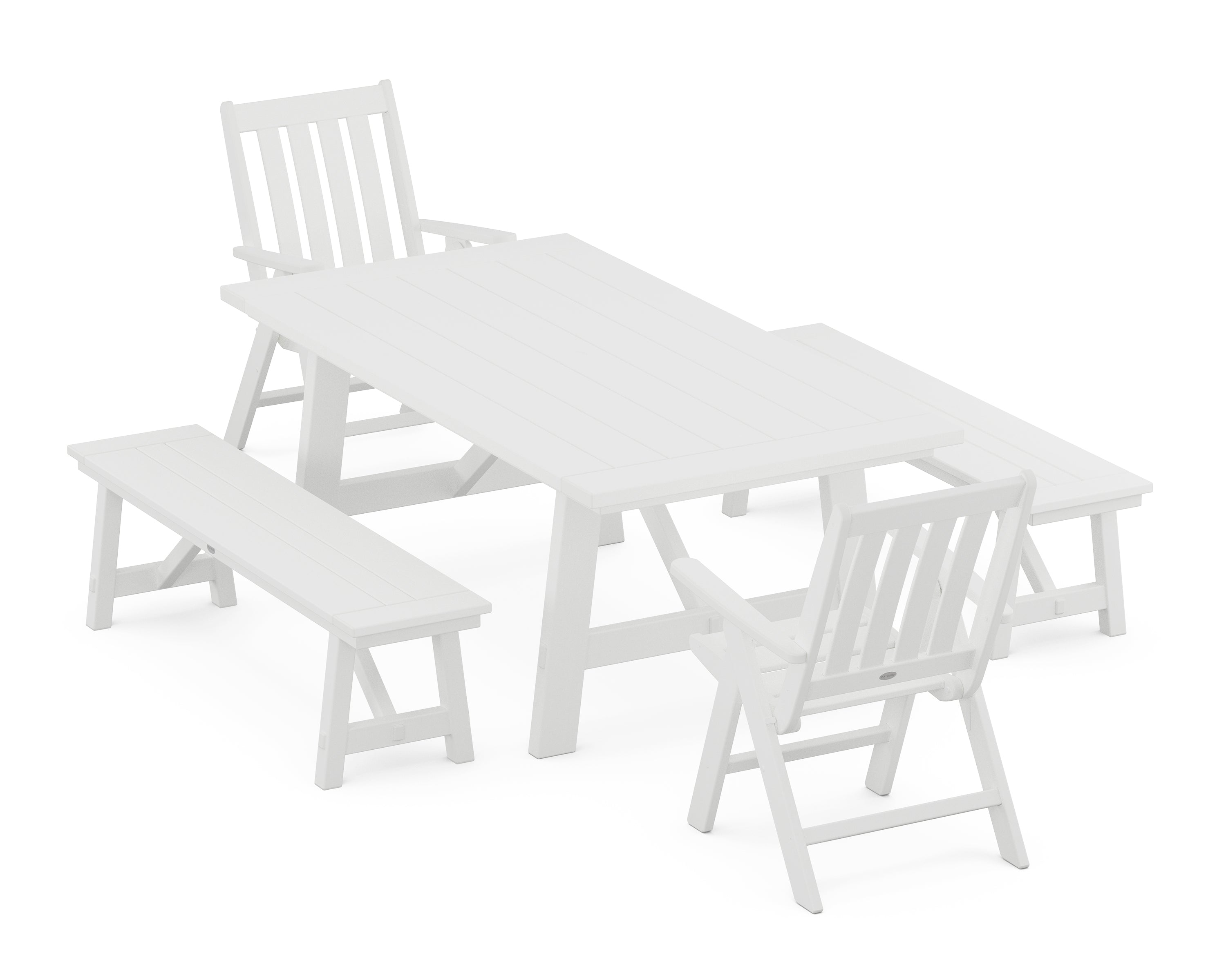 POLYWOOD® Vineyard Folding Chair 5-Piece Rustic Farmhouse Dining Set With Benches in White