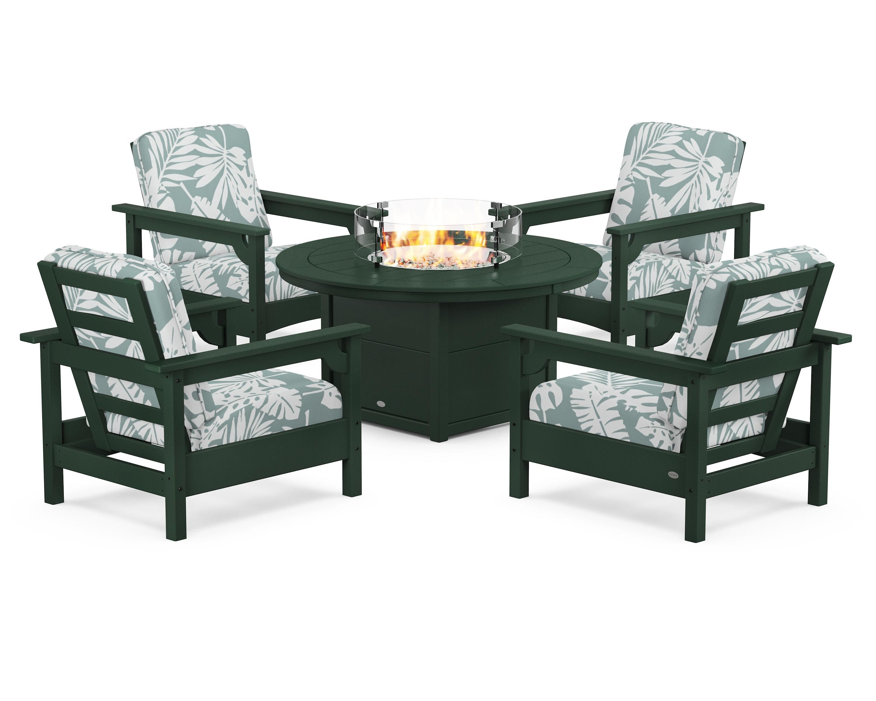 POLYWOOD Club 5-Piece Conversation Set with Fire Pit Table in Green / Leaf Glacier Spa