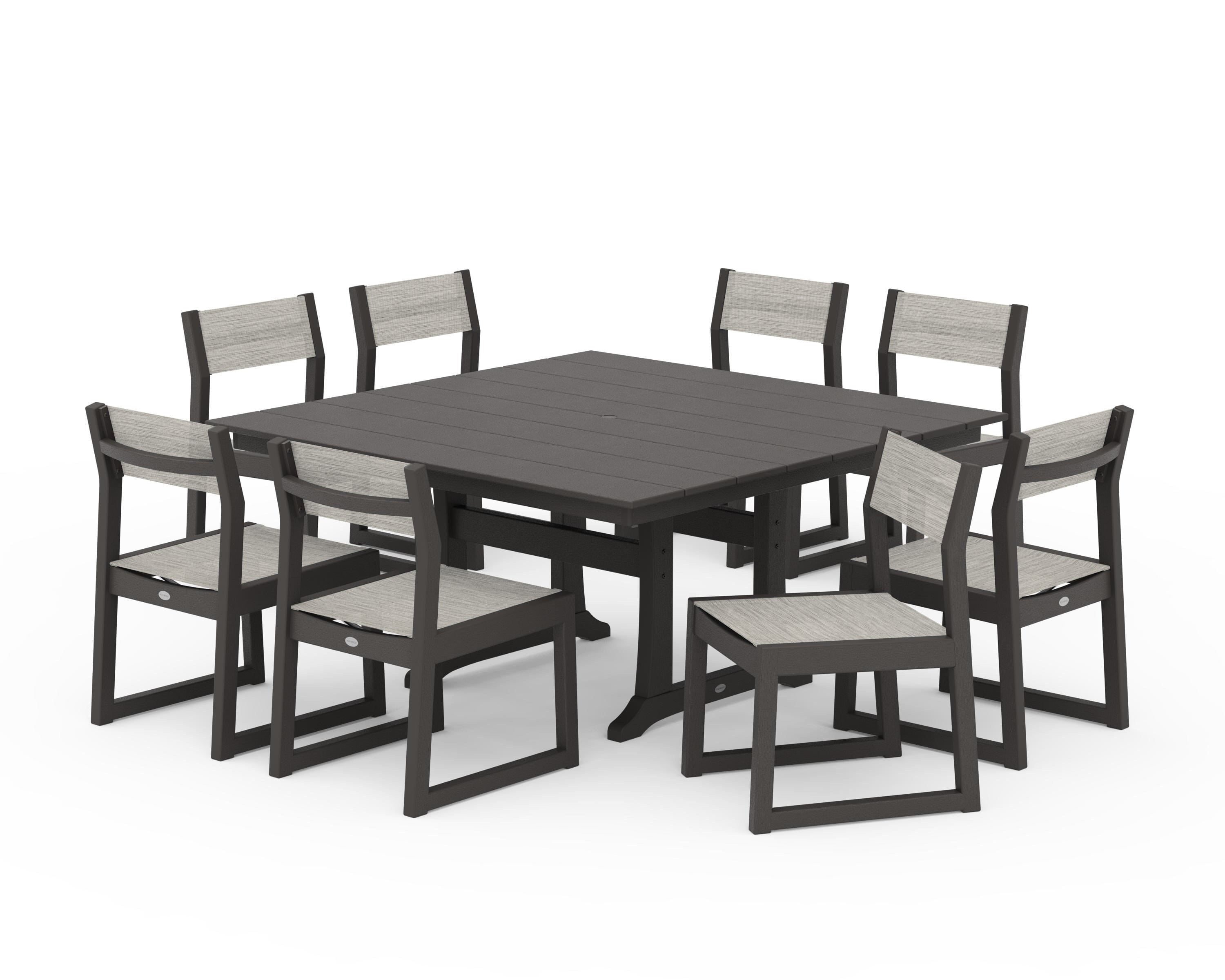 POLYWOOD EDGE Sling Side Chair 9-Piece Farmhouse Trestle Dining Set in Vintage Coffee / Birch Sling