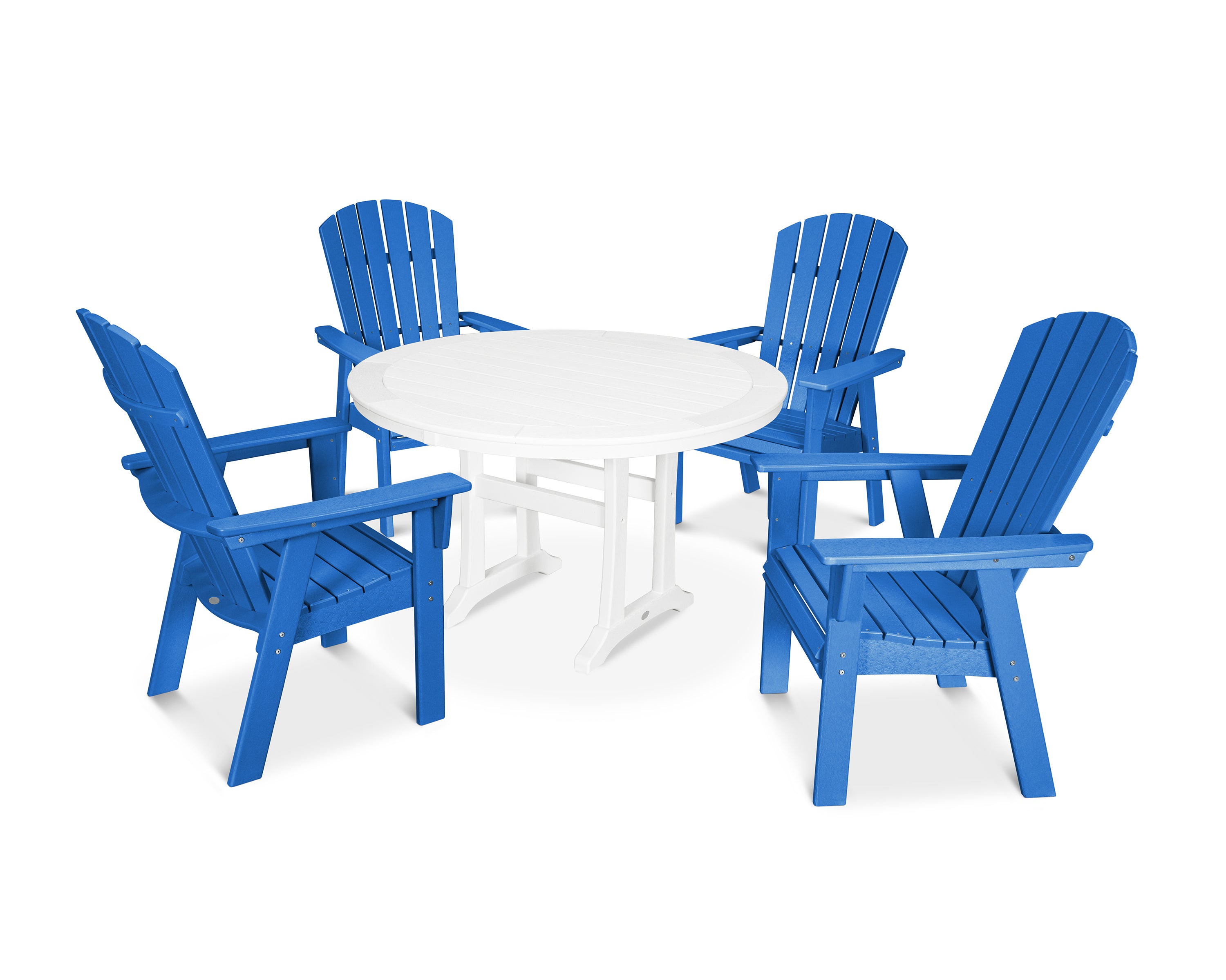 POLYWOOD® Nautical Curveback Adirondack 5-Piece Round Dining Set with Trestle Legs in Pacific Blue / White
