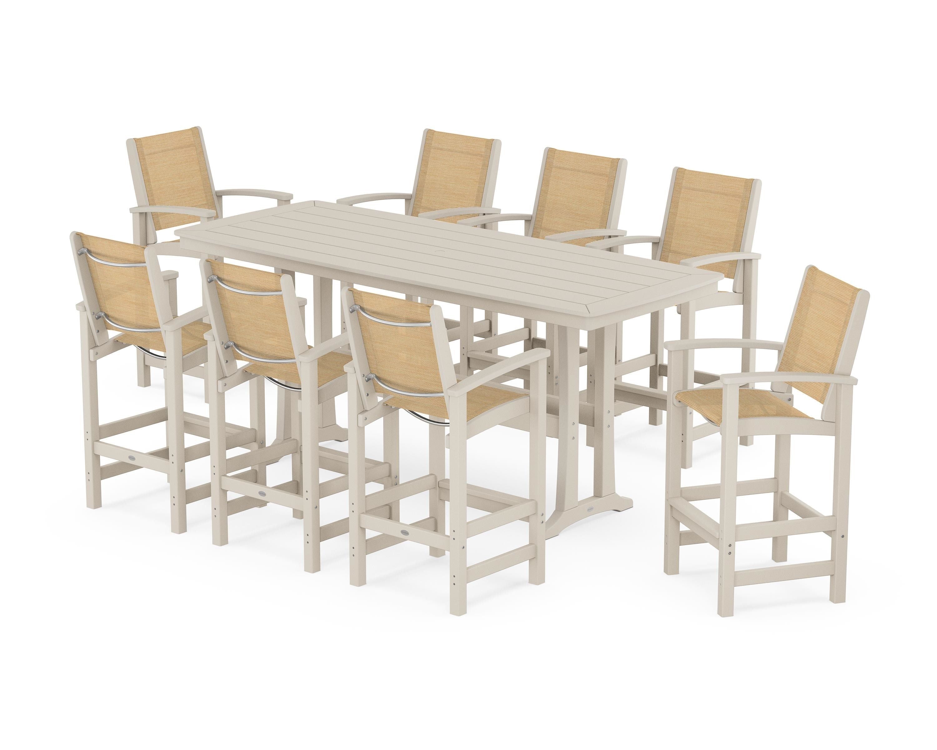 POLYWOOD Coastal 9-Piece Bar Set with Trestle Legs in Sand / Dupioni Apricot Sling