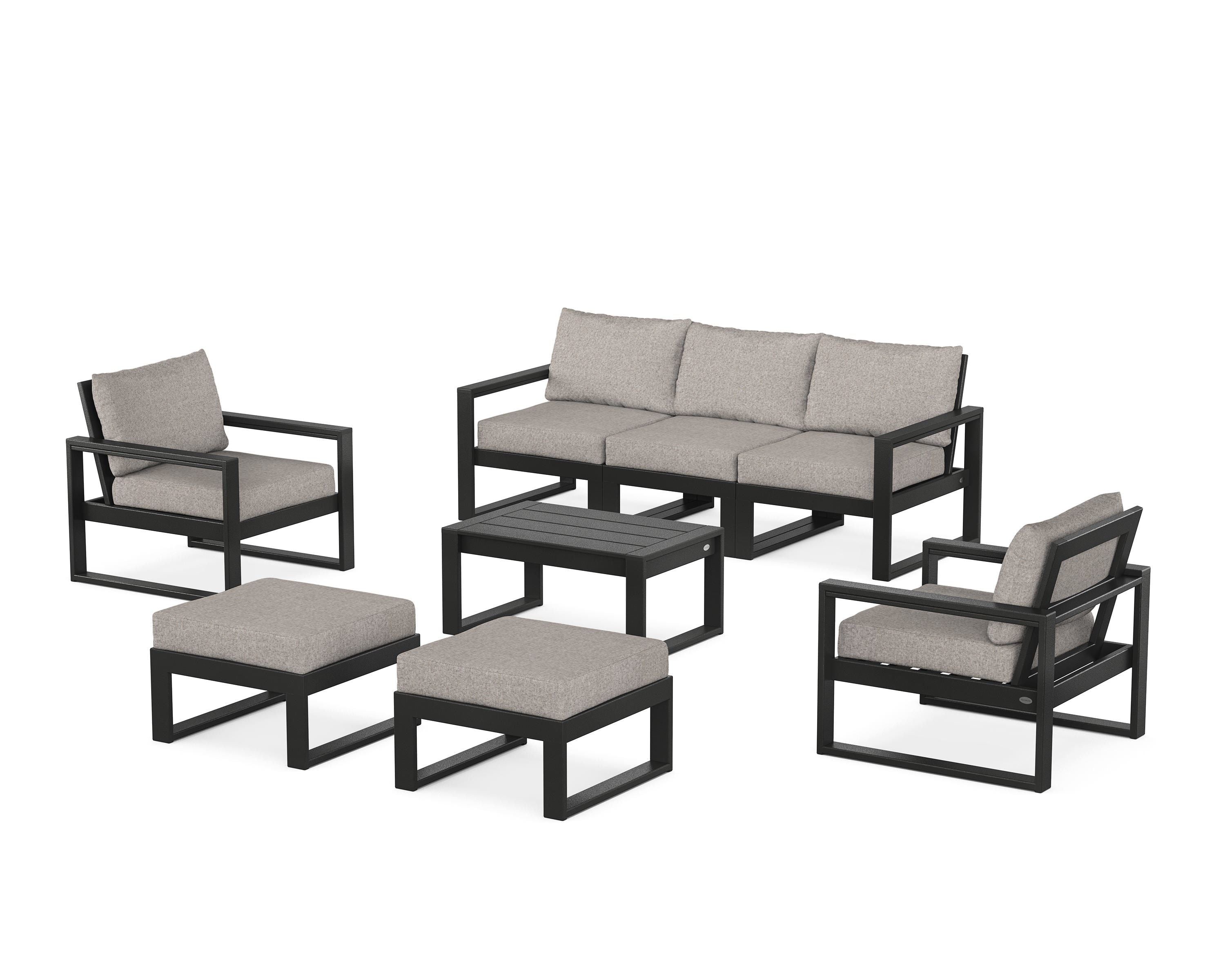 POLYWOOD EDGE Sectional 8-Piece Lounge Sofa Set in Black / Weathered Tweed