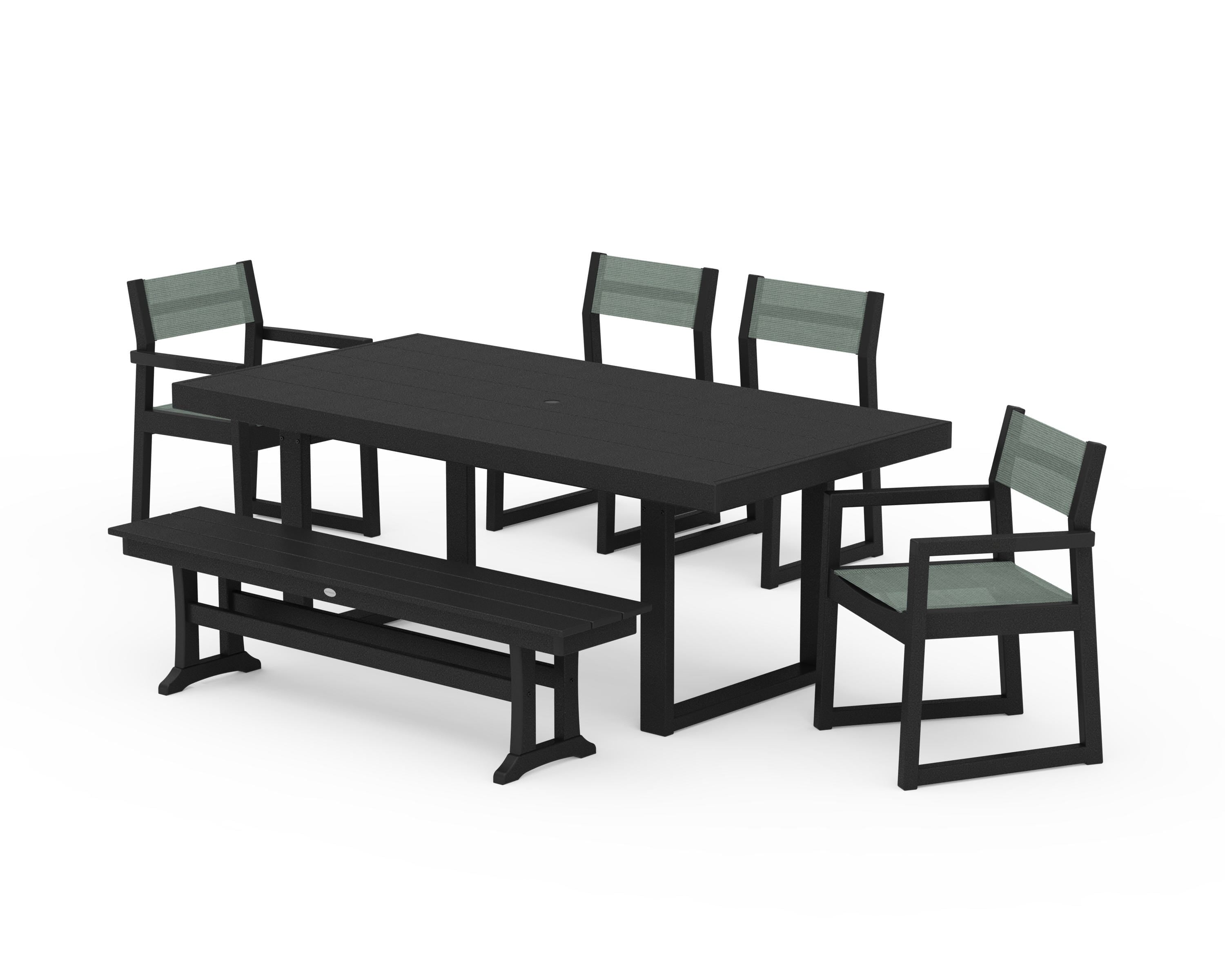 POLYWOOD EDGE Sling 6-Piece Dining Set with Bench in Black / Dupioni Sea Mist Sling