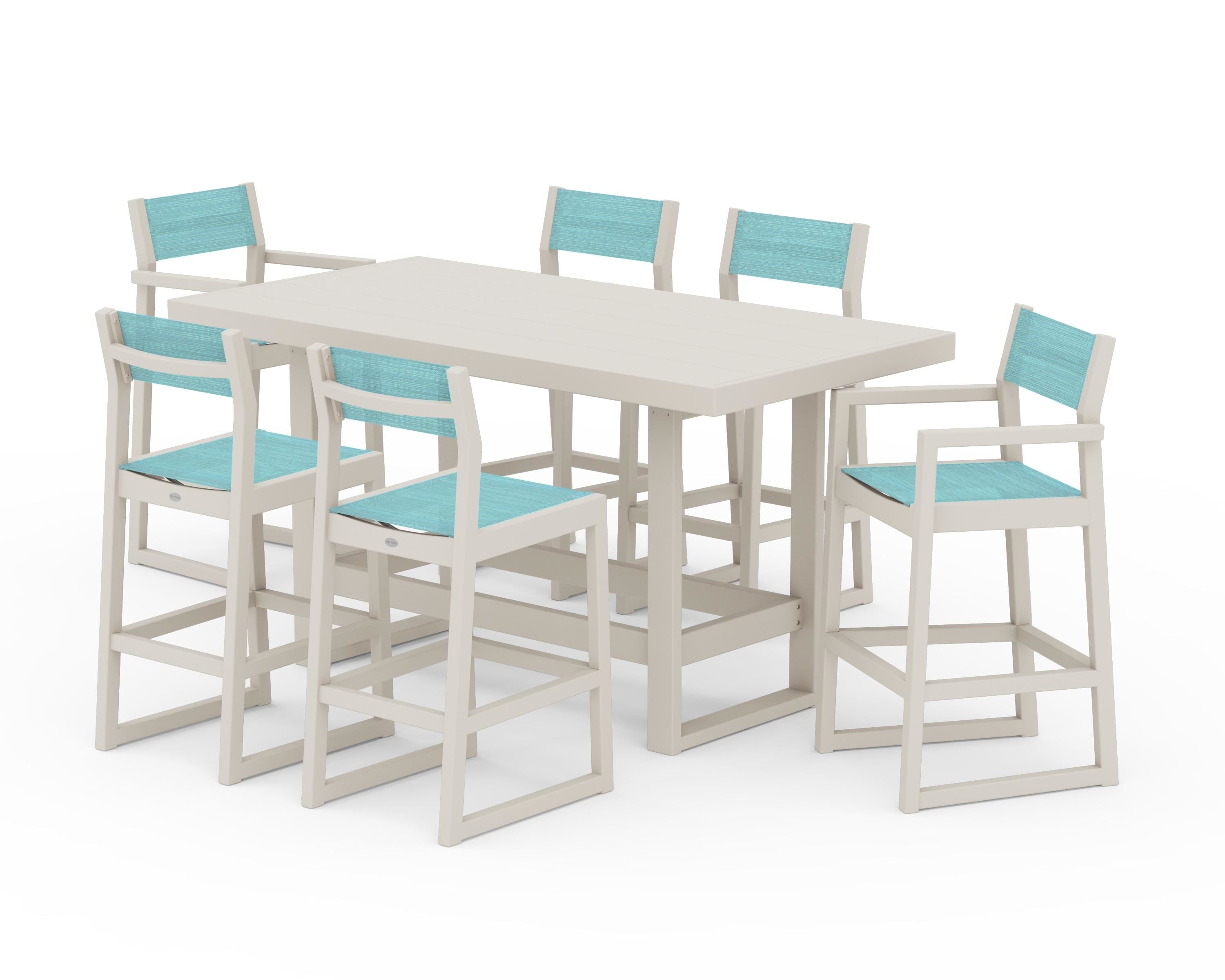 POLYWOOD EDGE Sling 7-Piece Bar Table Set in Sand / Dupioni Aquamarine Sling
