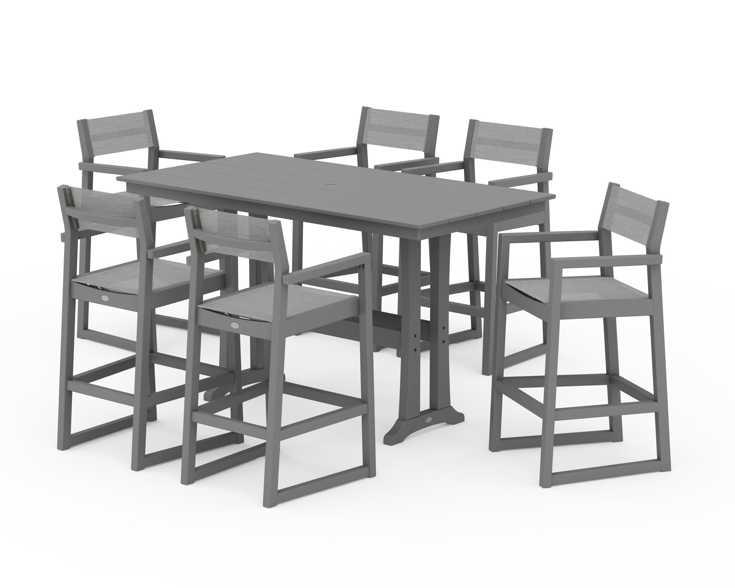 POLYWOOD EDGE Sling Arm Chair 7-Piece Farmhouse Bar Set with Trestle Legs in Slate Grey / Metallic Sling