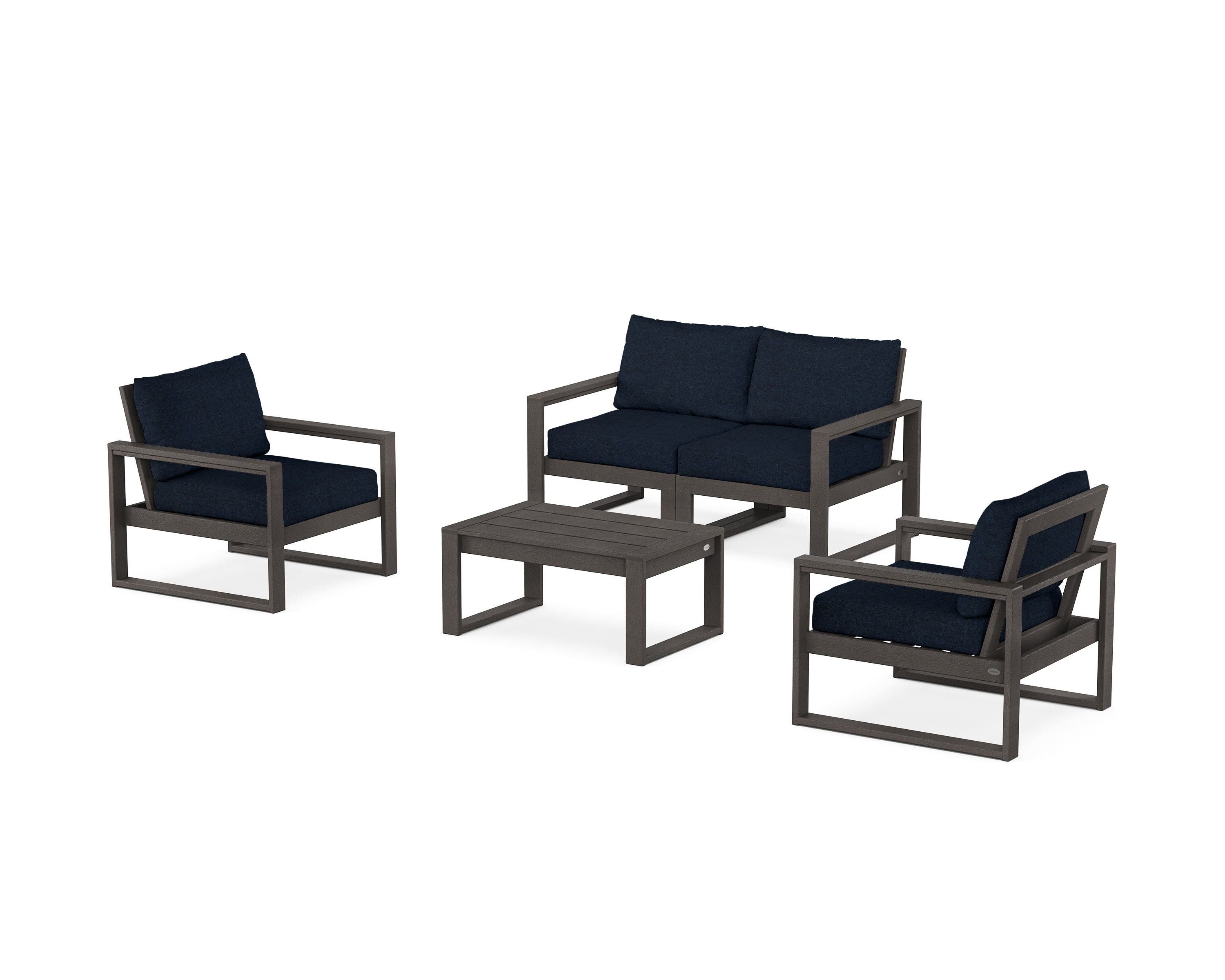 POLYWOOD EDGE Sectional 4-Piece Deep Seating Set with Loveseat in Vintage Coffee / Marine Indigo