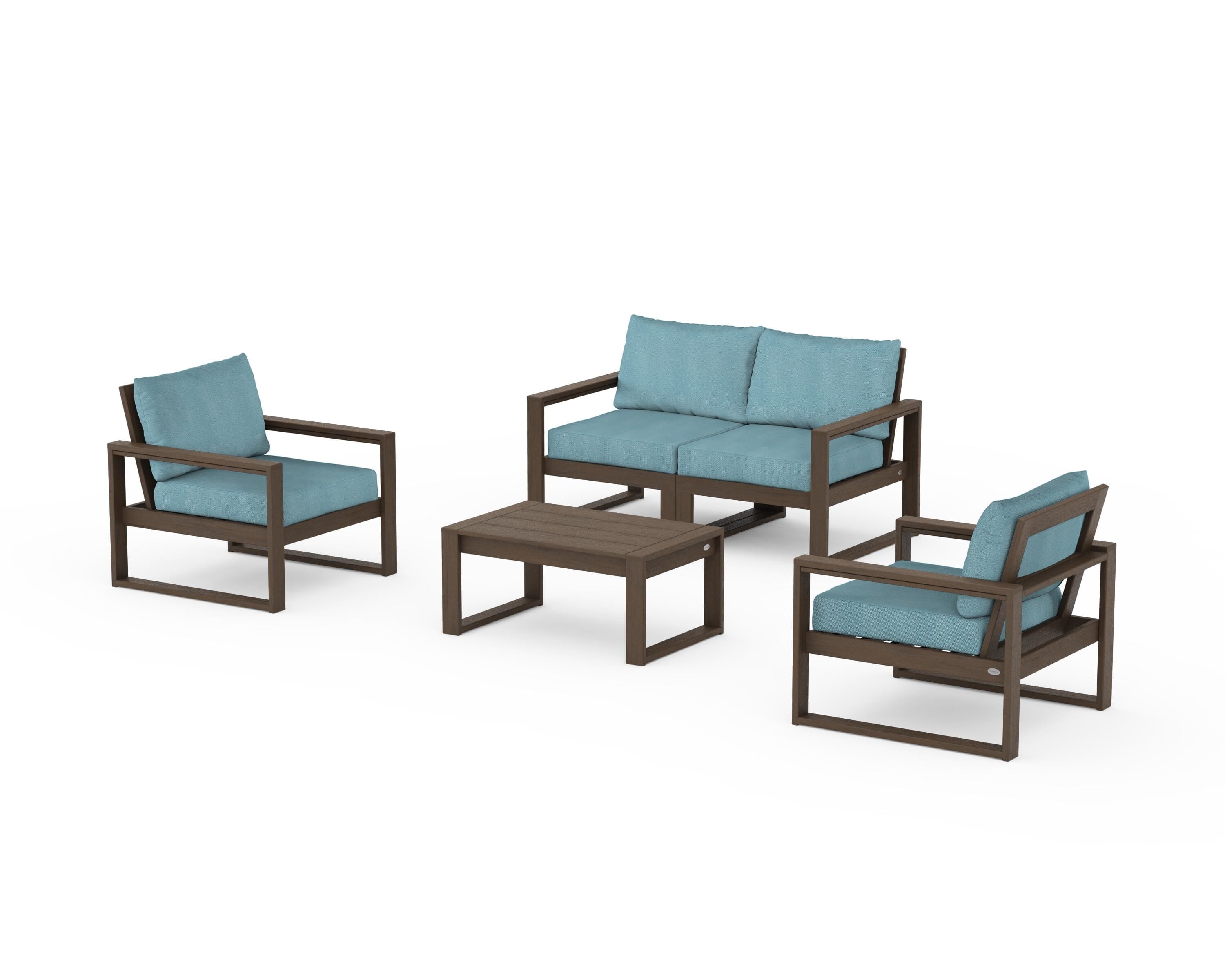 POLYWOOD EDGE Sectional 4-Piece Deep Seating Set with Loveseat in Kona / Lattice Sky Blue