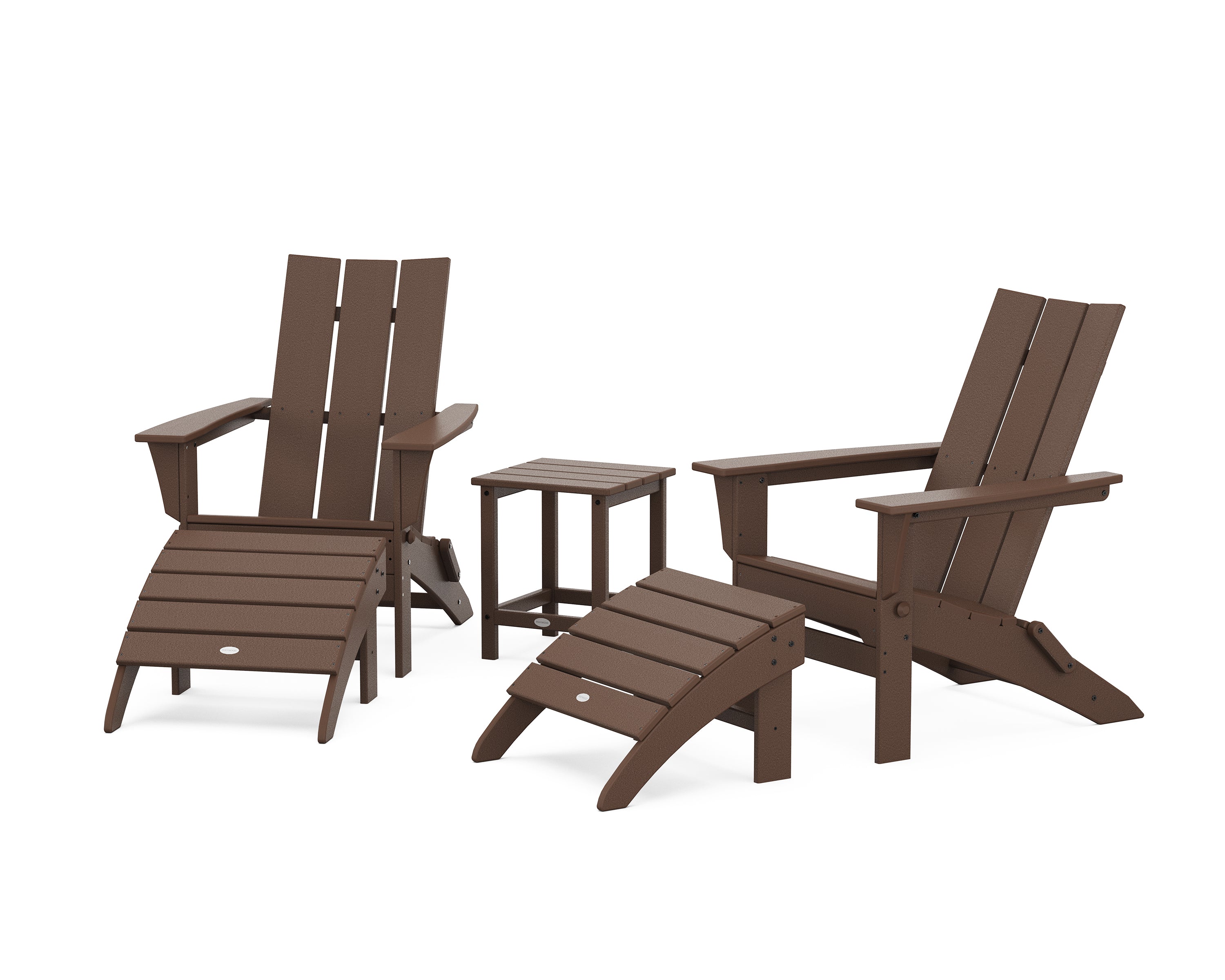 POLYWOOD® Modern Folding Adirondack Chair 5-Piece Set with Ottomans and 18" Side Table in Mahogany