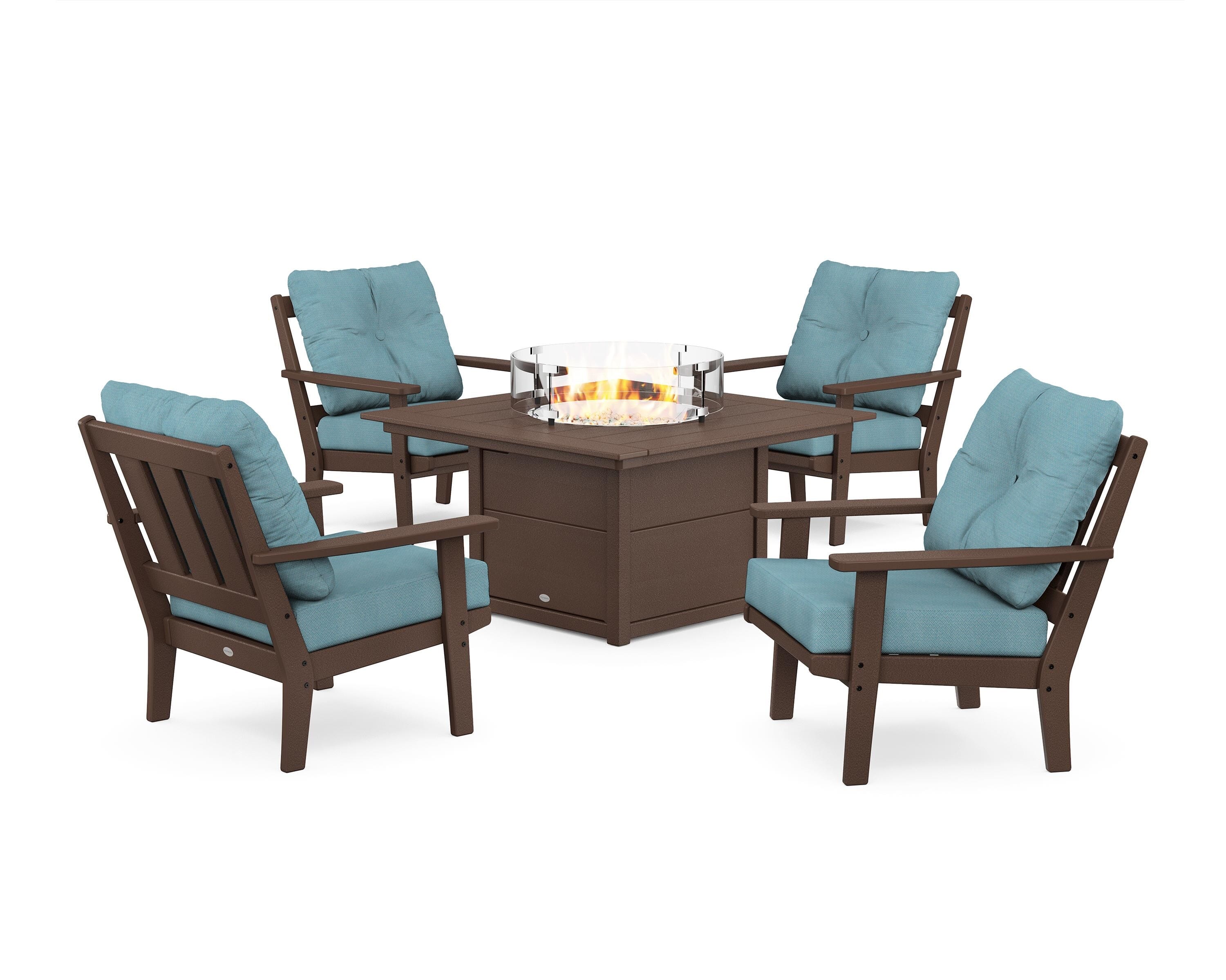 POLYWOOD Oxford 5-Piece Deep Seating Set with Fire Pit Table in Mahogany / Lattice Sky Blue