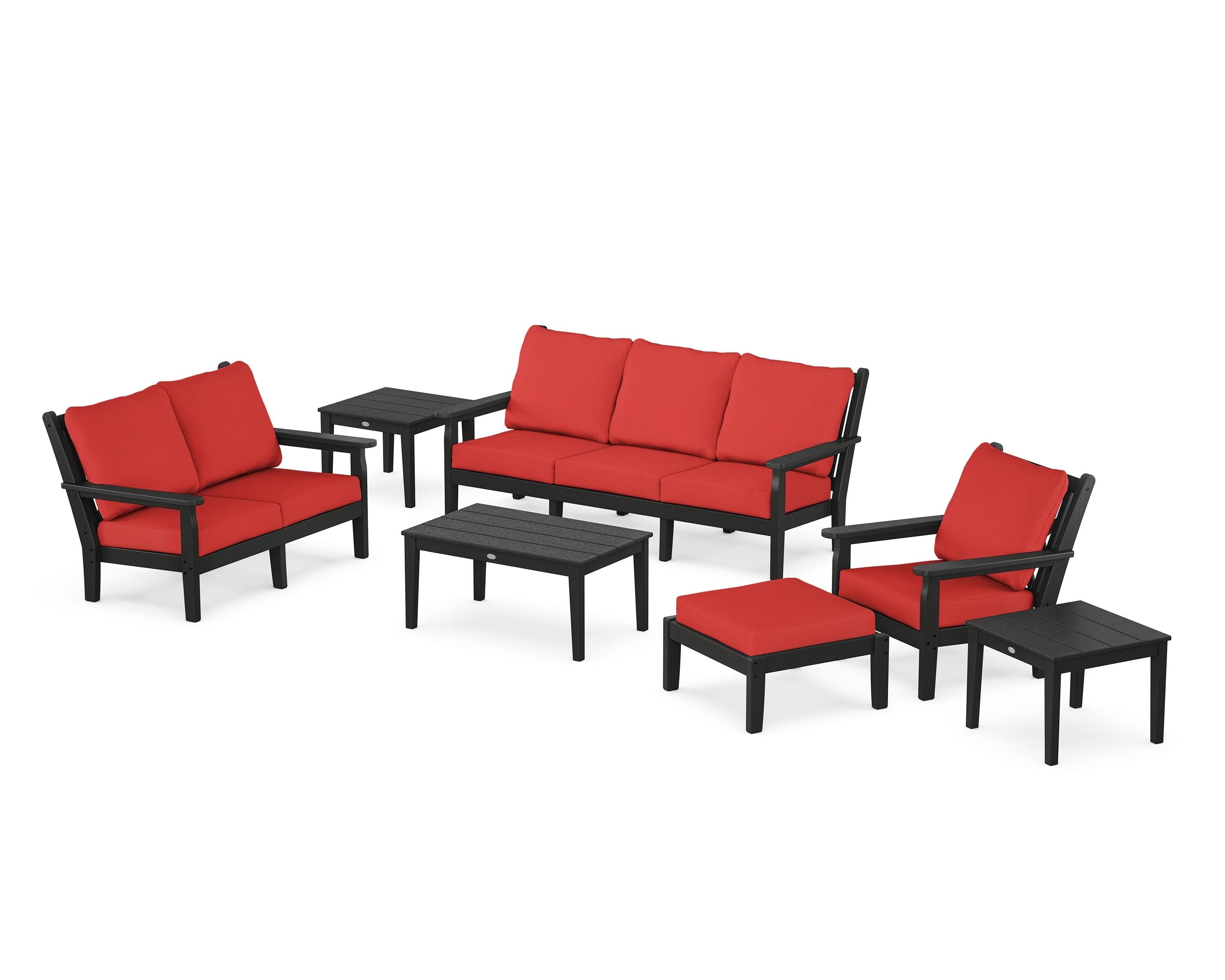 POLYWOOD Chippendale 7-Piece Deep Seating Set in Black / Crimson Linen