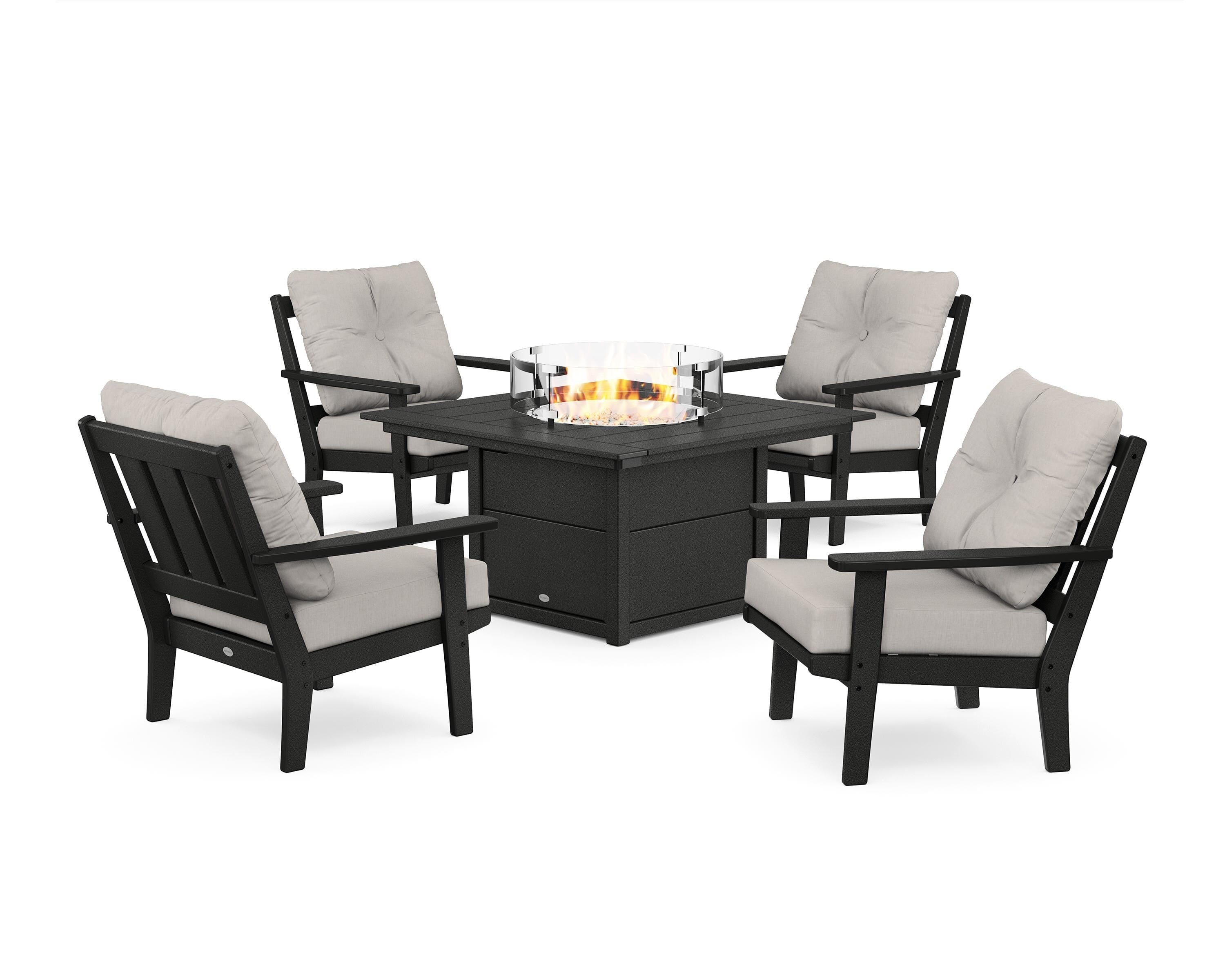POLYWOOD Oxford 5-Piece Deep Seating Set with Fire Pit Table in Black / Cast Ash