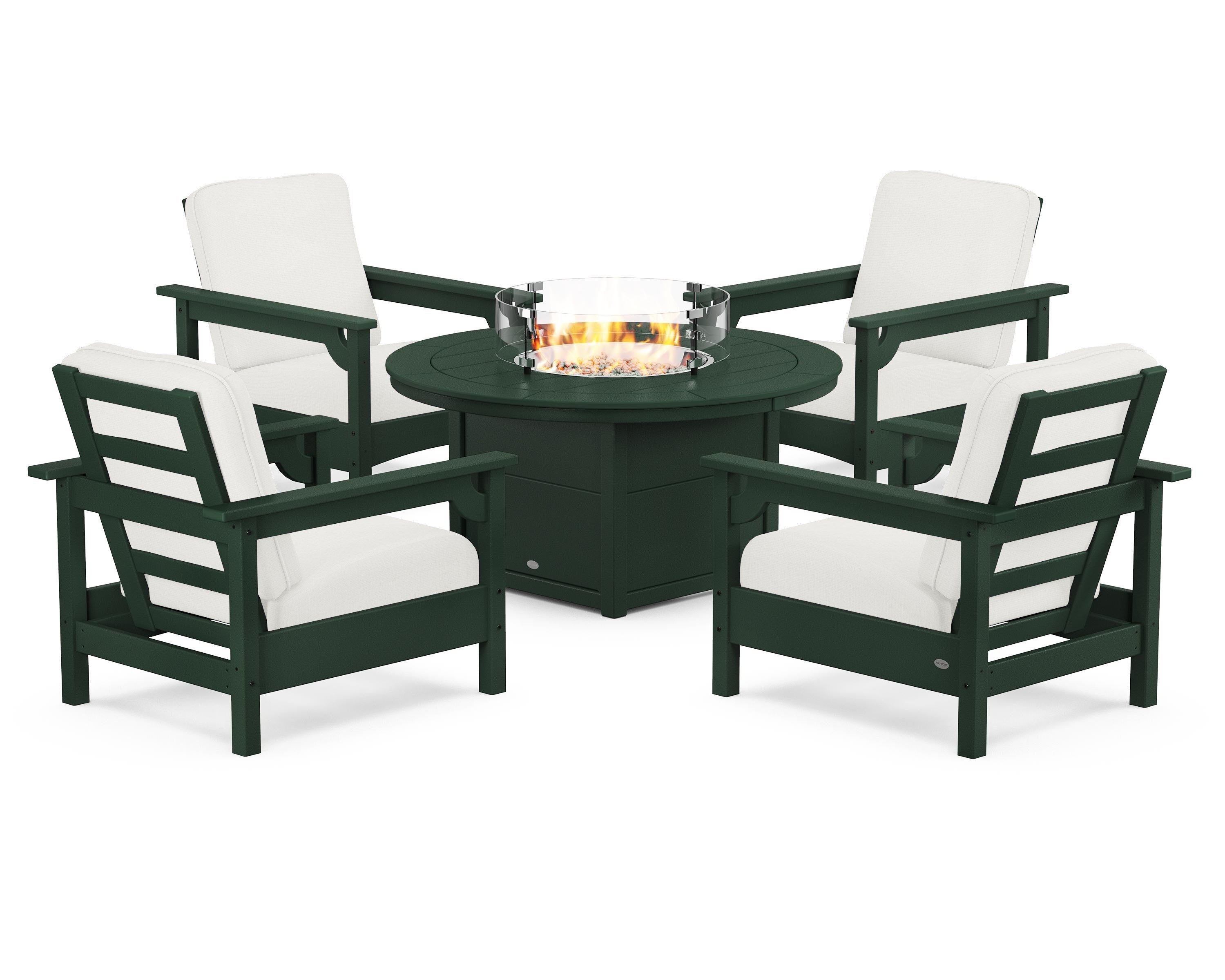 POLYWOOD Club 5-Piece Conversation Set with Fire Pit Table in Green / Natural Linen