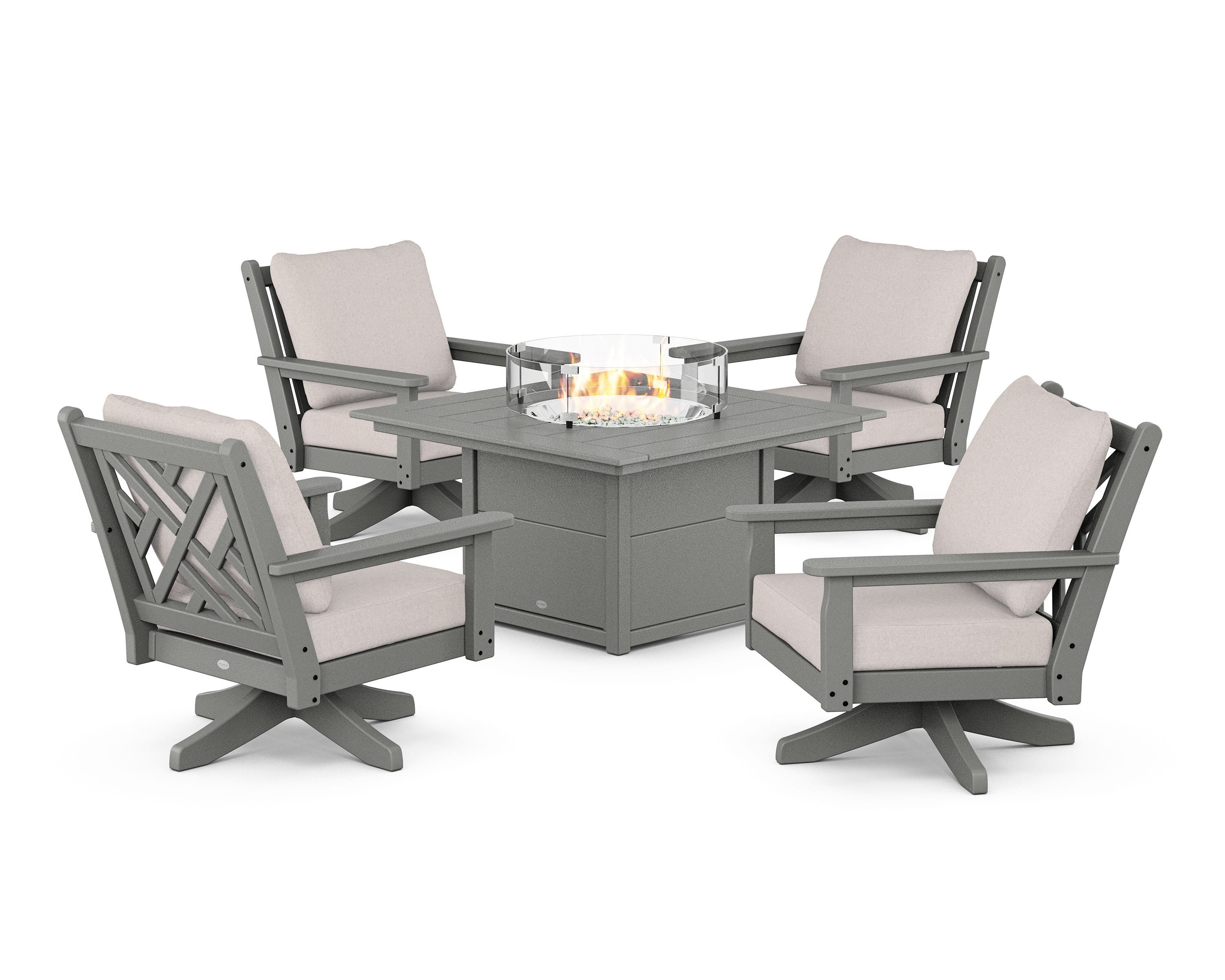 POLYWOOD Chippendale 5-Piece Deep Seating Swivel Conversation Set with Fire Pit Table in Slate Grey / Dune Burlap