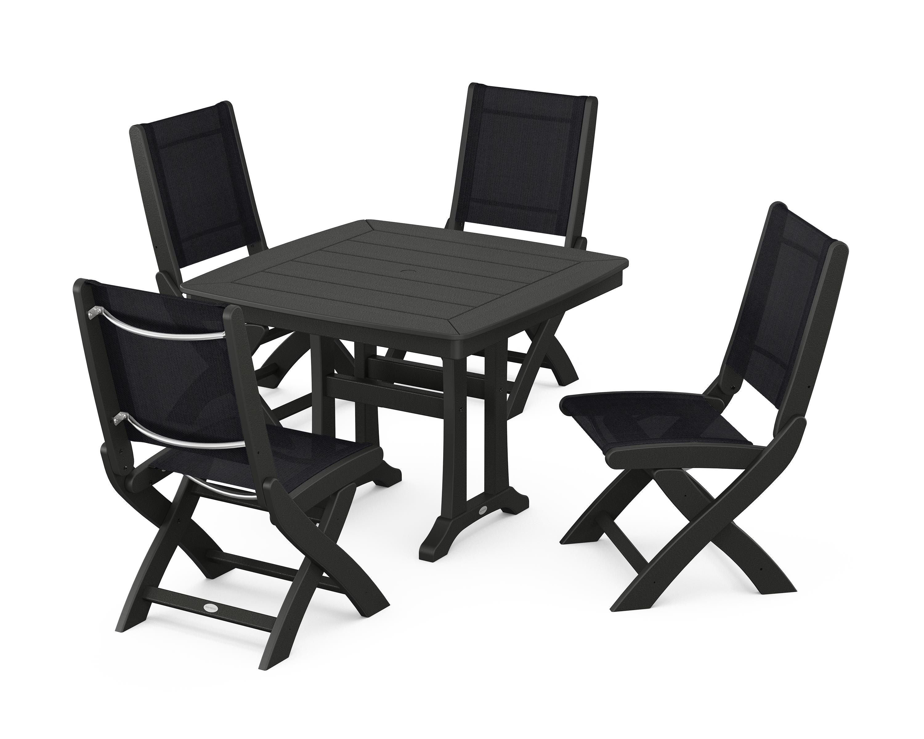 POLYWOOD Coastal Folding Side Chair 5-Piece Dining Set with Trestle Legs in Black / Black Sling