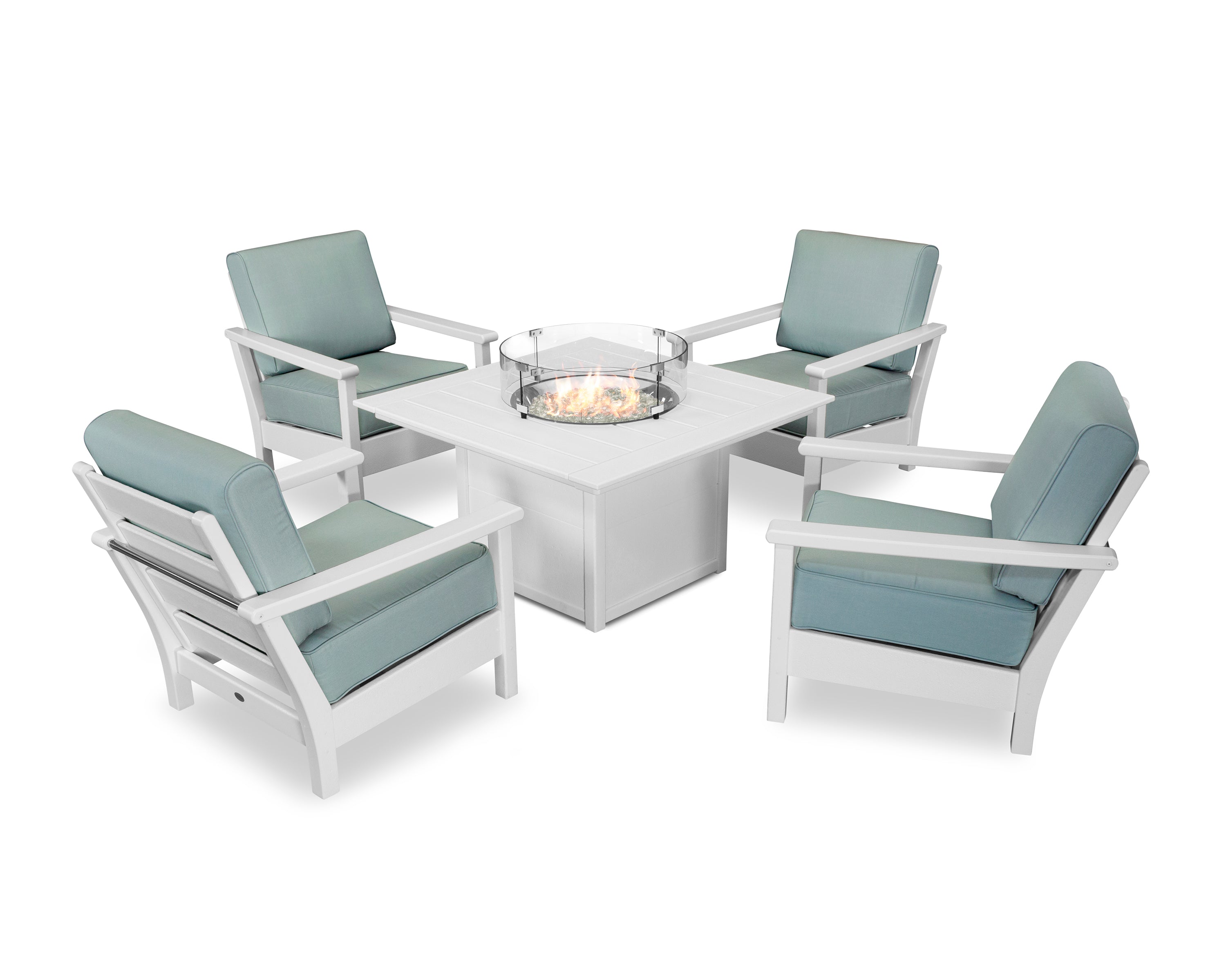 POLYWOOD Harbour 5-Piece Conversation Set with Fire Pit Table in White / Spa