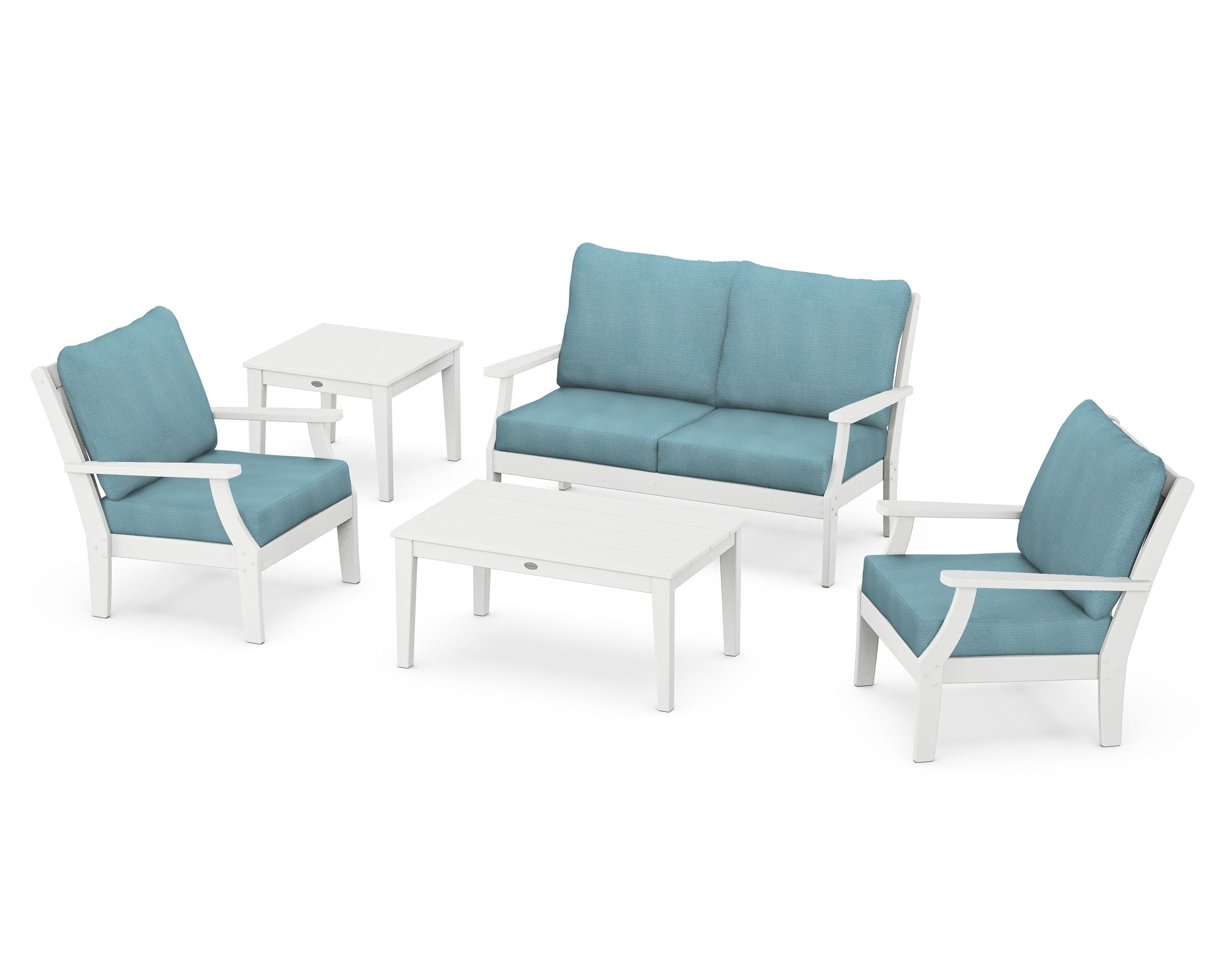 POLYWOOD Braxton 5-Piece Deep Seating Set in White / Lattice Sky Blue