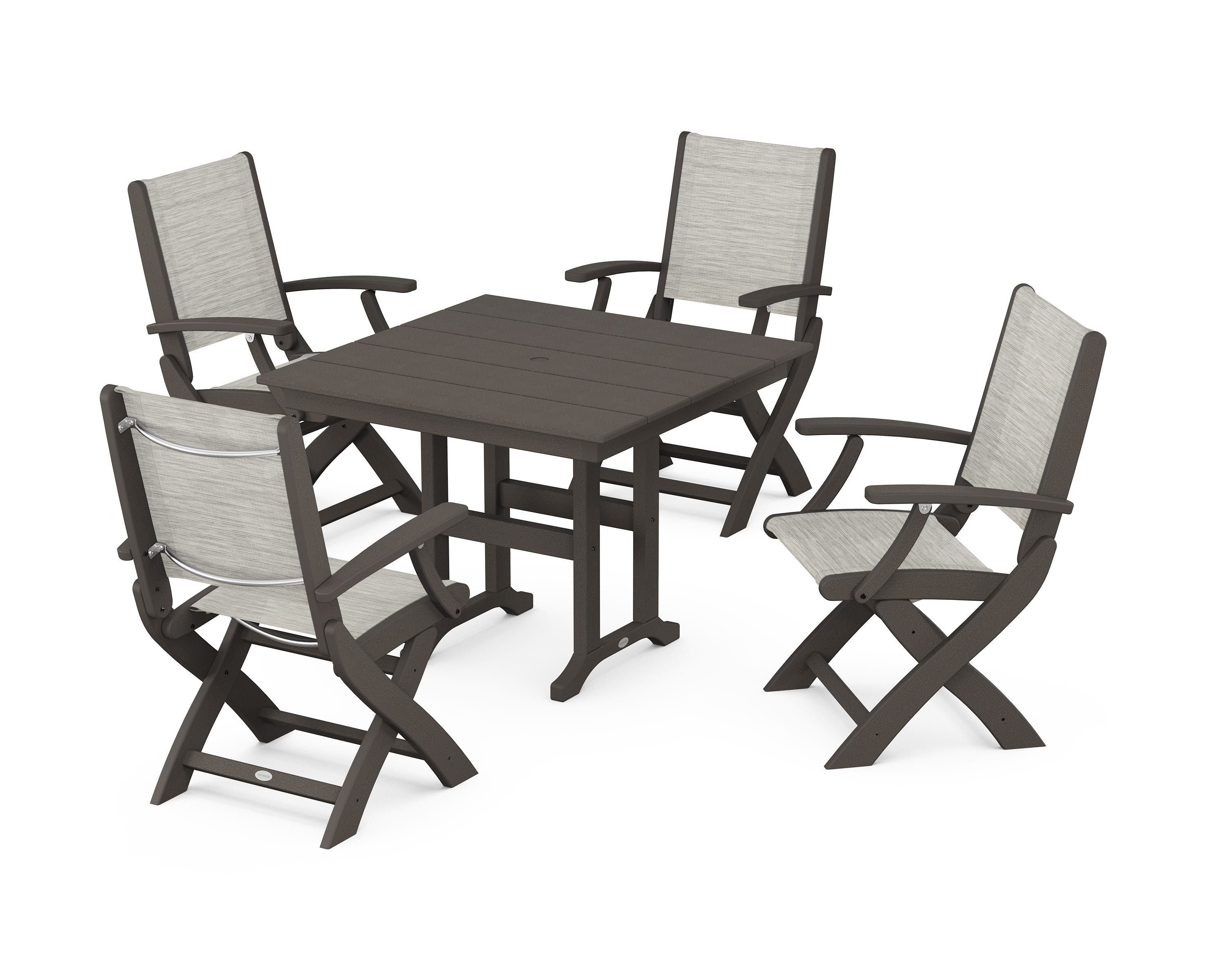 POLYWOOD Coastal Folding Chair 5-Piece Farmhouse Dining Set in Vintage Coffee / Birch Sling
