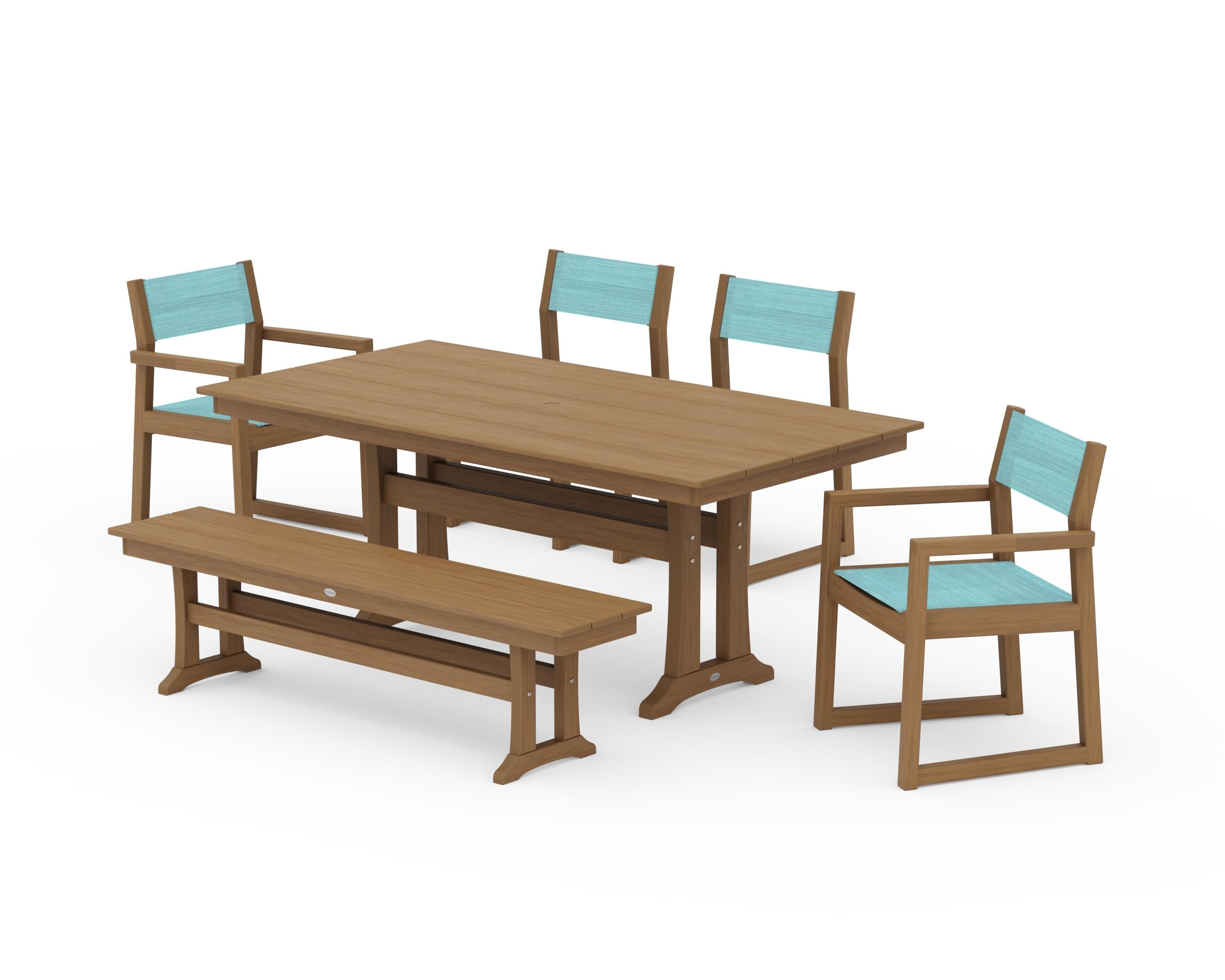 POLYWOOD EDGE Sling 6-Piece Farmhouse Dining Set With Trestle Legs in Natural / Dupioni Aquamarine Sling
