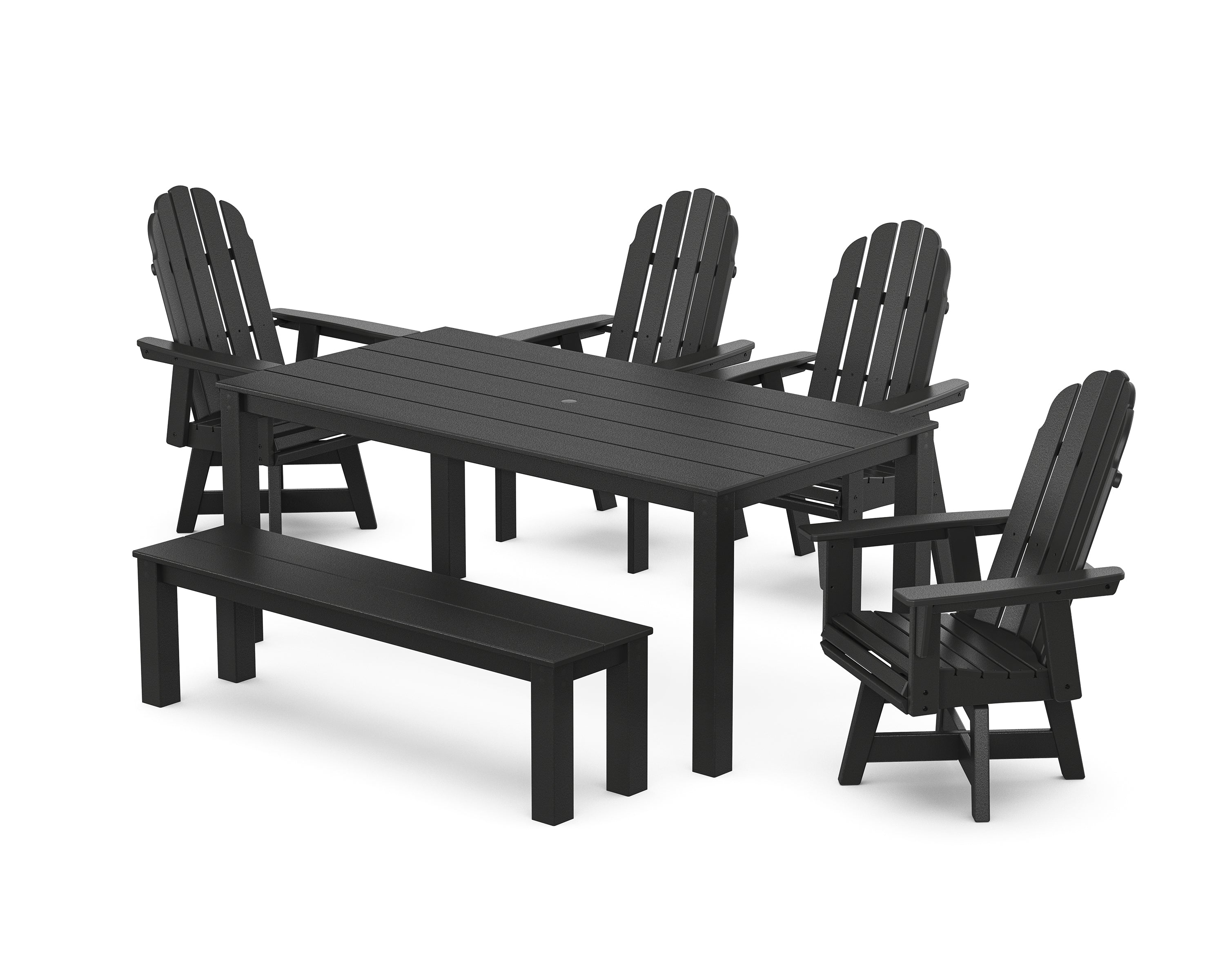 POLYWOOD® Vineyard Curveback Adirondack 6-Piece Parsons Swivel Dining Set with Bench in Black