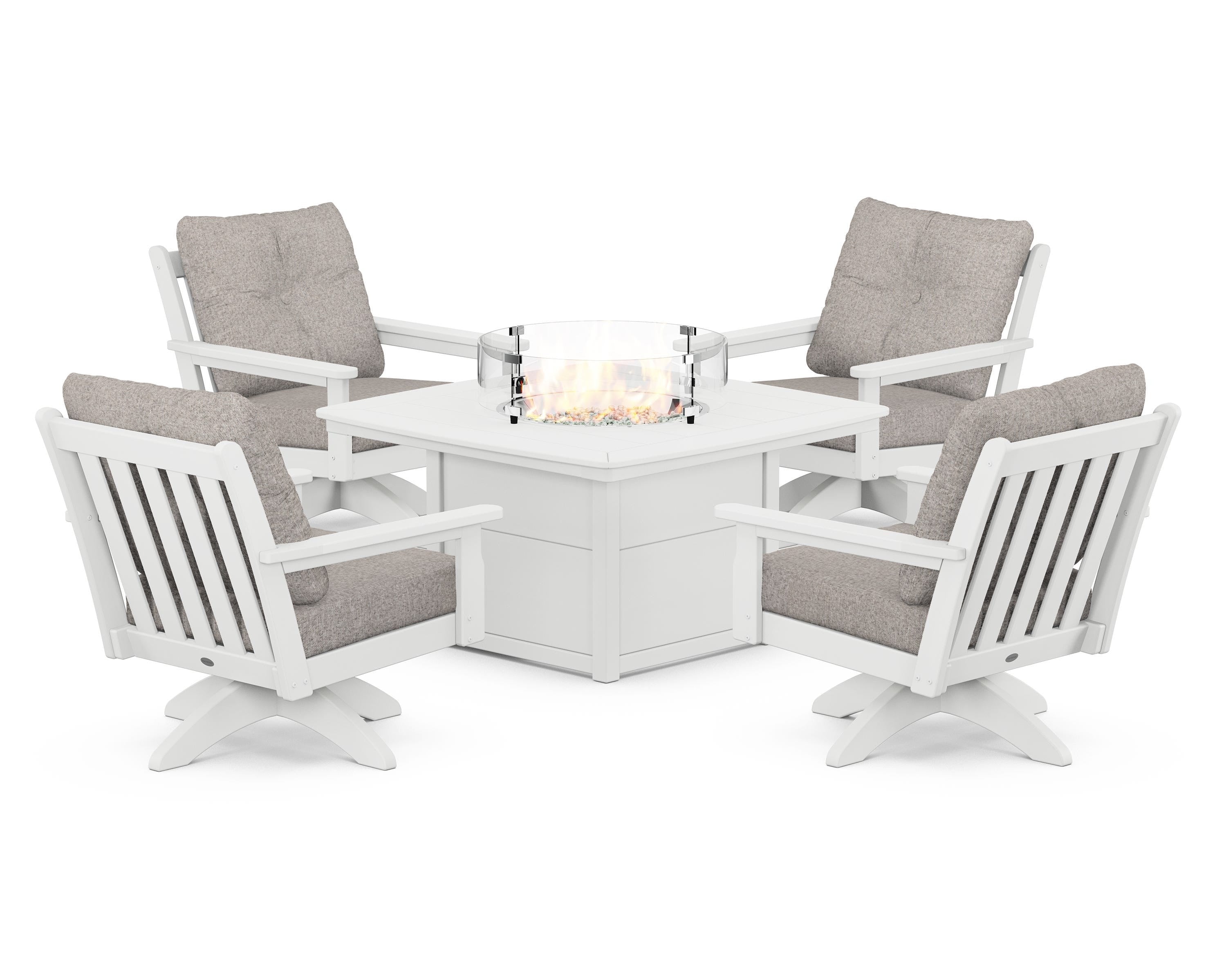 POLYWOOD Vineyard 5-Piece Deep Seating Swivel Conversation Set with Fire Pit Table in White / Weathered Tweed