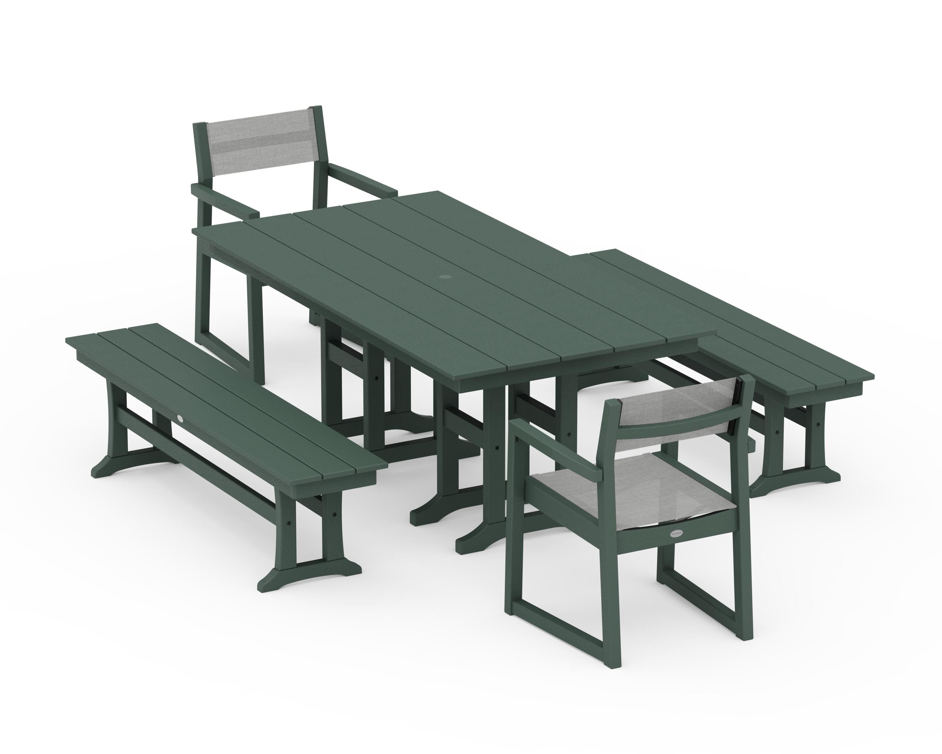 POLYWOOD EDGE Sling Arm Chair 5-Piece Farmhouse Dining Set with Benches in Green / Metallic Sling