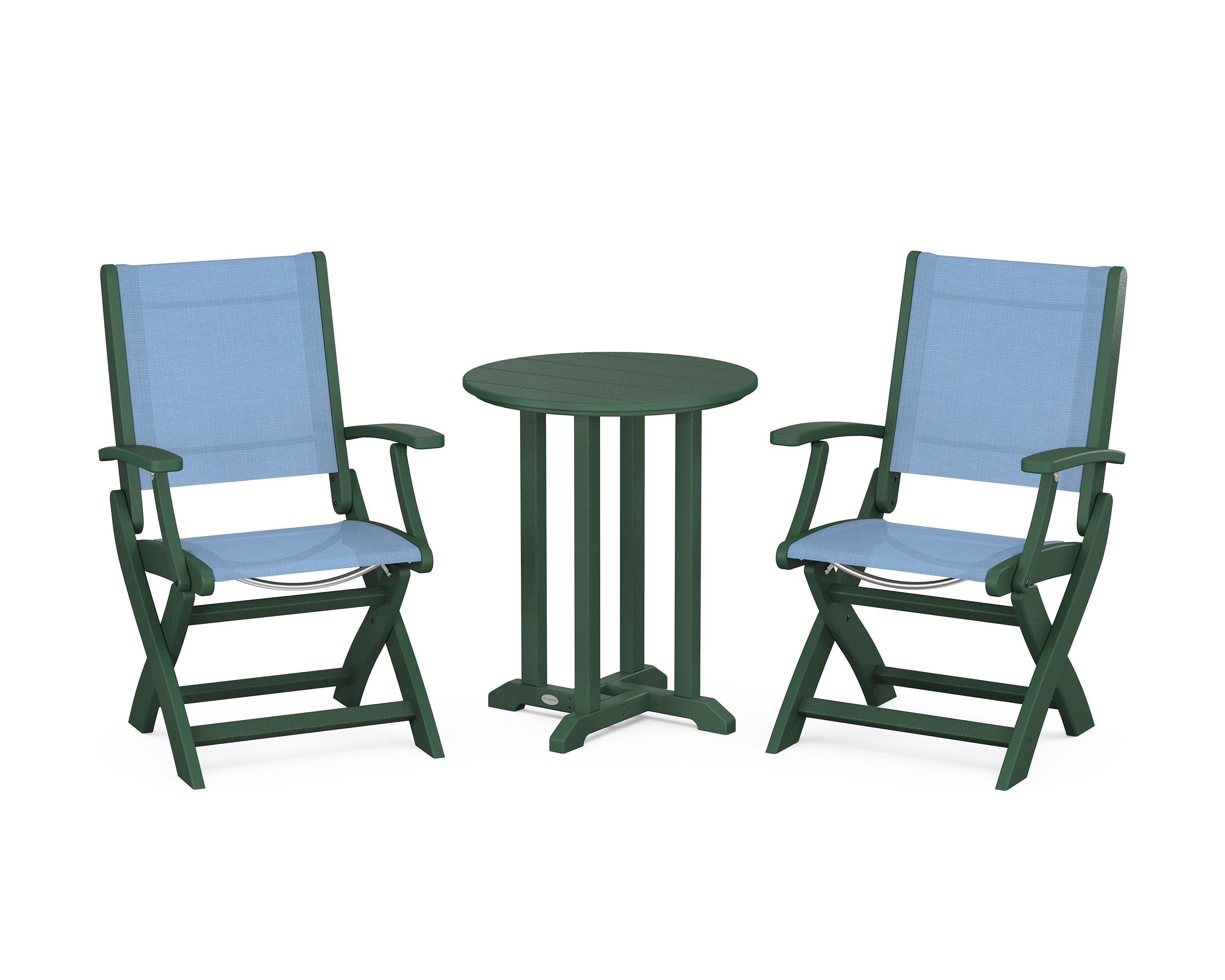 POLYWOOD Coastal Folding 3-Piece Round Bistro Dining Set in Green / Poolside Sling