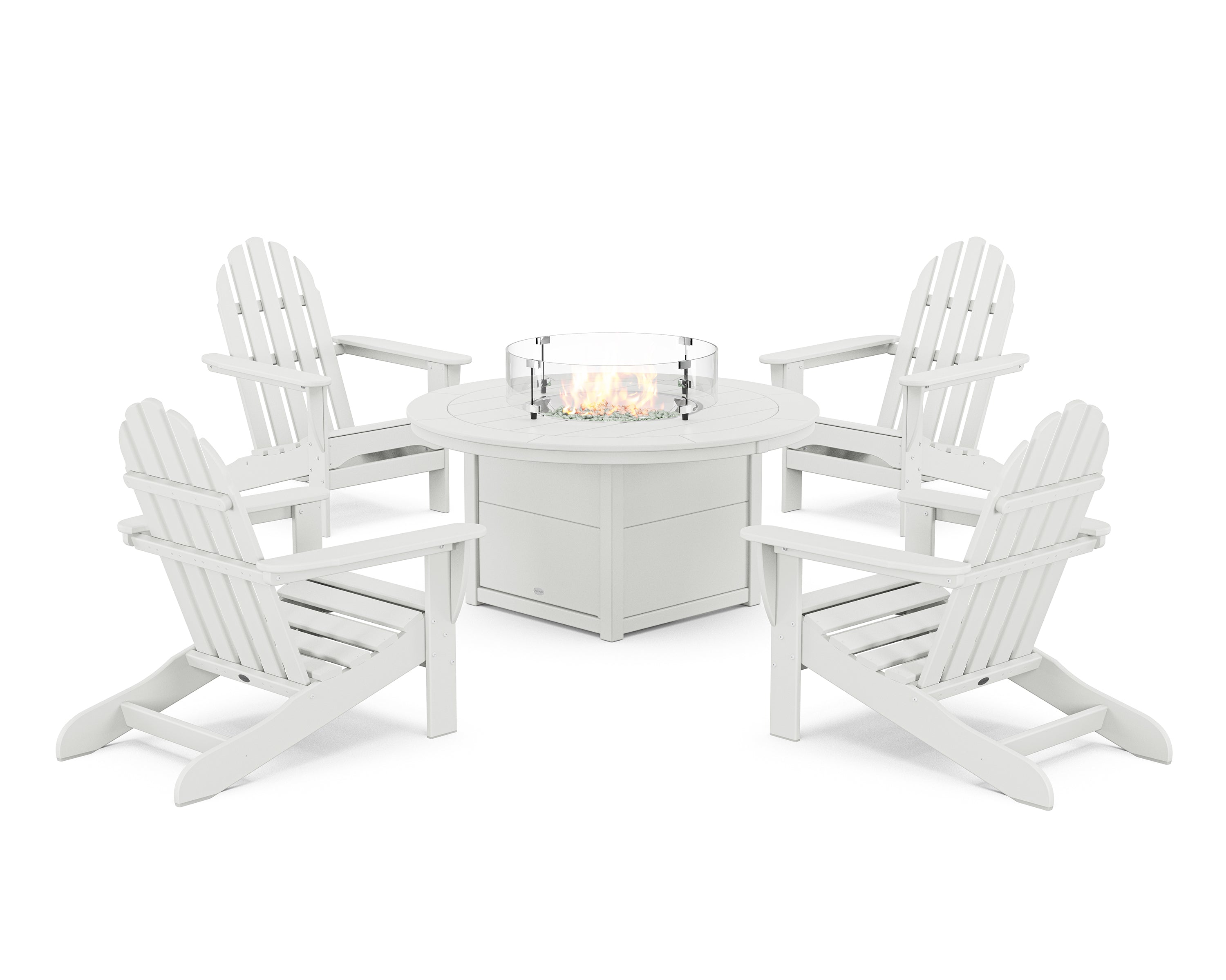 POLYWOOD® Classic Adirondack 5-Piece Conversation Set with Fire Pit Table in White