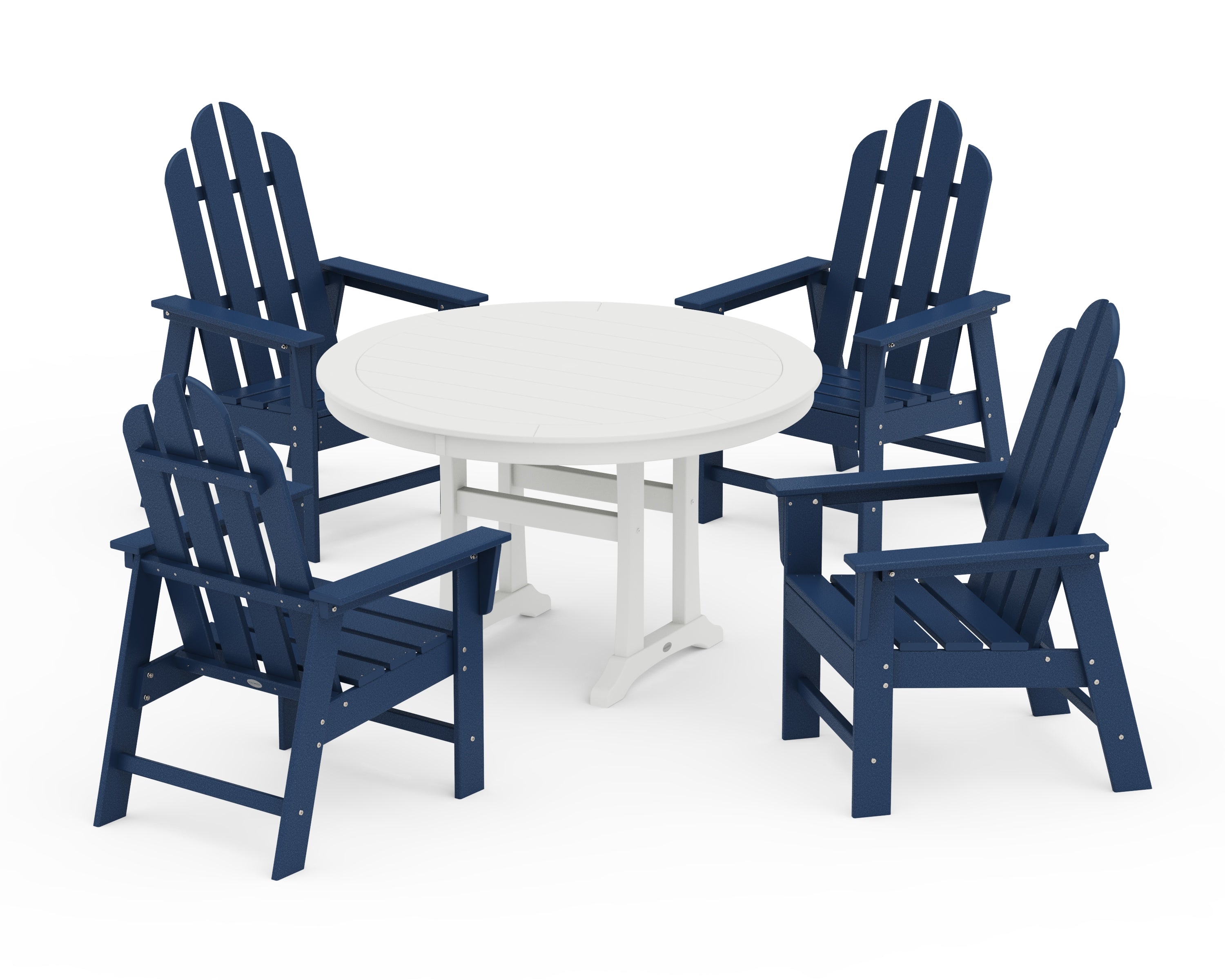 POLYWOOD Long Island 5-Piece Round Dining Set with Trestle Legs in Navy / White
