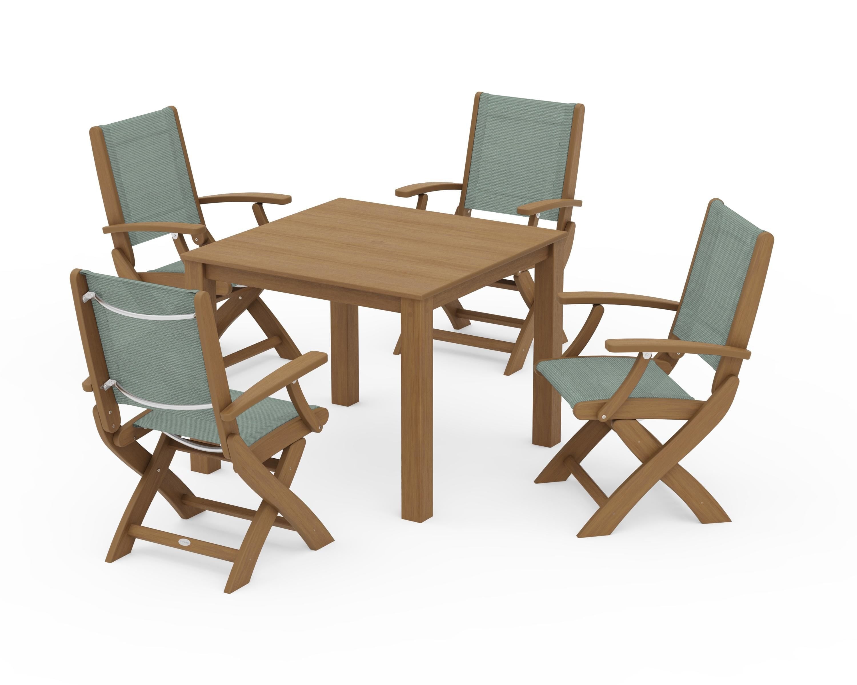POLYWOOD Coastal Folding Chair 5-Piece Parsons Dining Set in Natural / Dupioni Sea Mist Sling