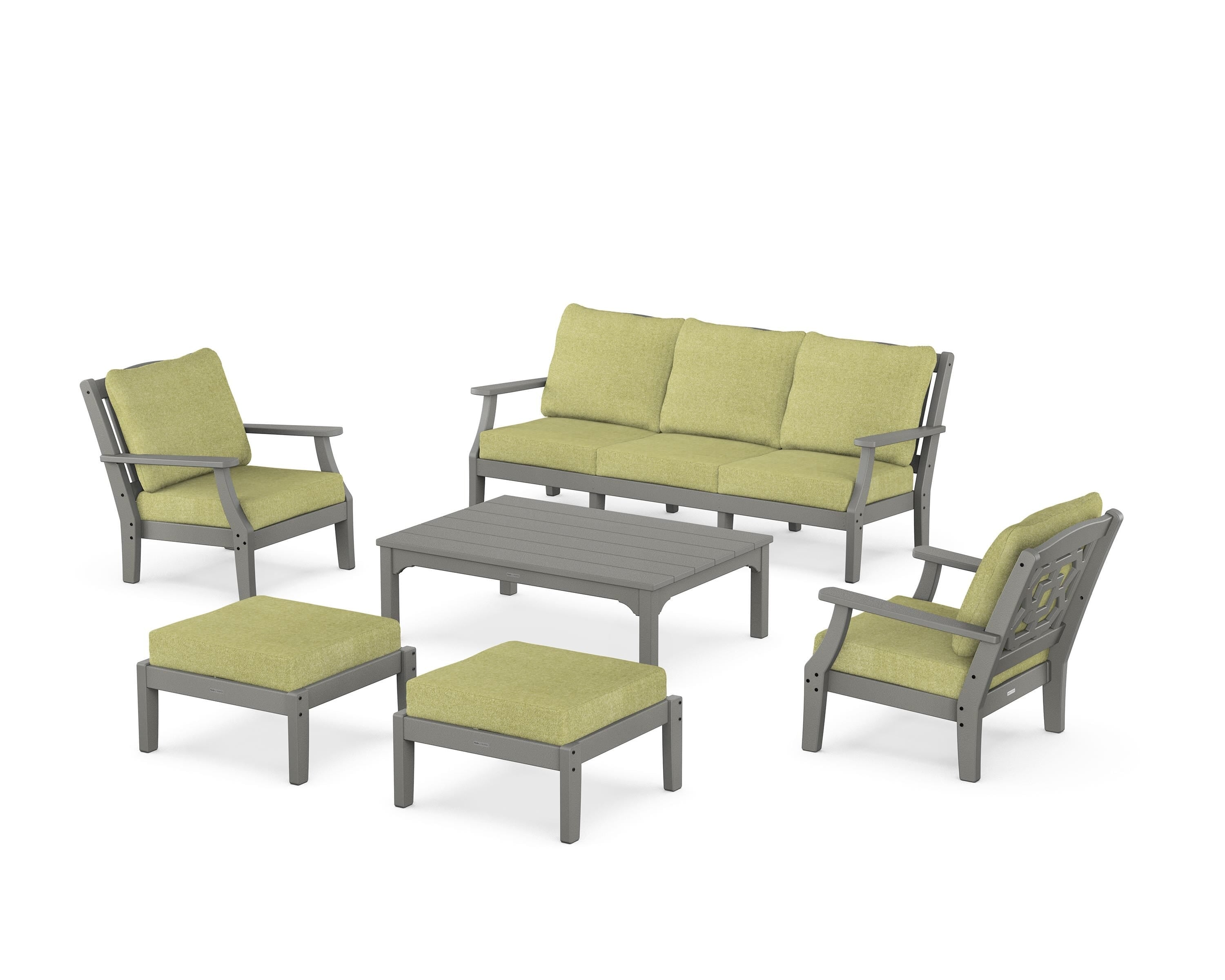 Martha Stewart by POLYWOOD Chinoiserie 6-Piece Lounge Sofa Set in Slate Grey / Chartreuse Boucle