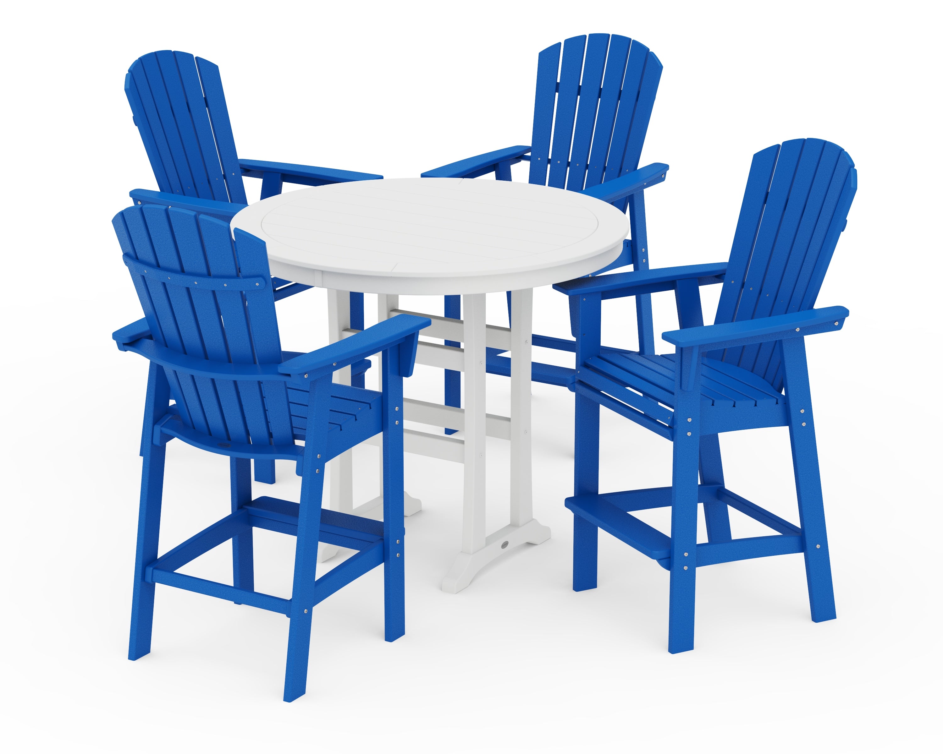 POLYWOOD Nautical Curveback Adirondack 5-Piece Round Trestle Bar Set in Pacific Blue / White