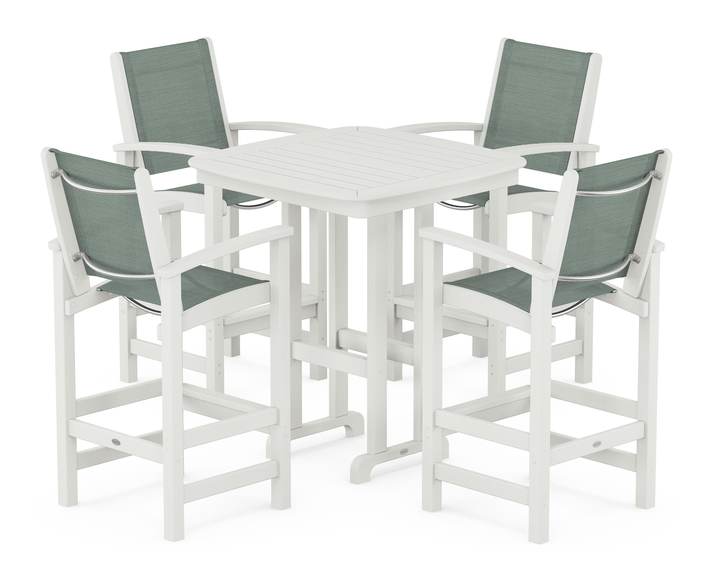 POLYWOOD Coastal 5-Piece Bar Set in Vintage White / Dupioni Sea Mist Sling