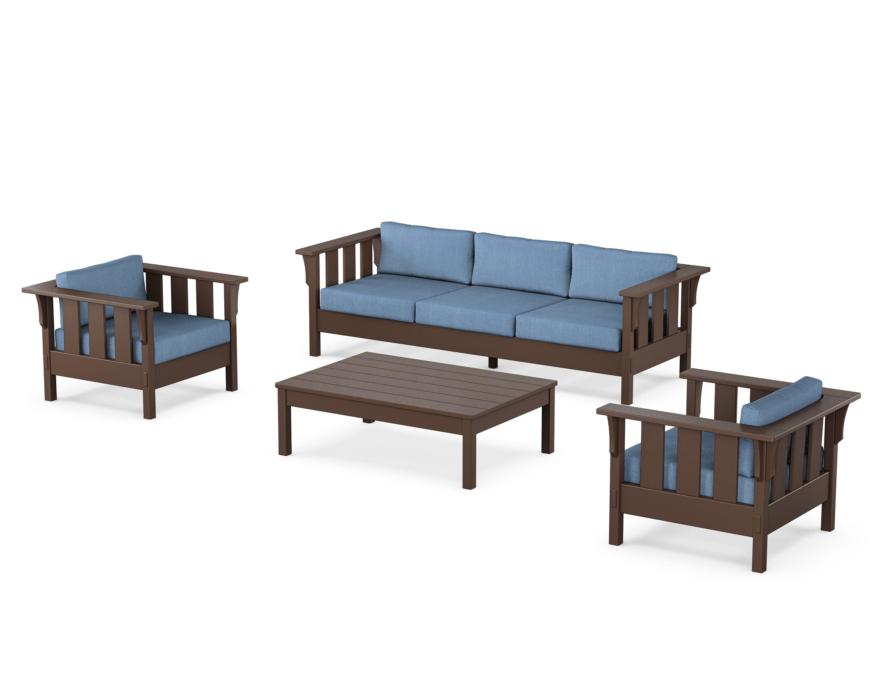 Martha Stewart by POLYWOOD Acadia 4-Piece Deep Seating Set with Sofa in Mahogany / Sky Blue