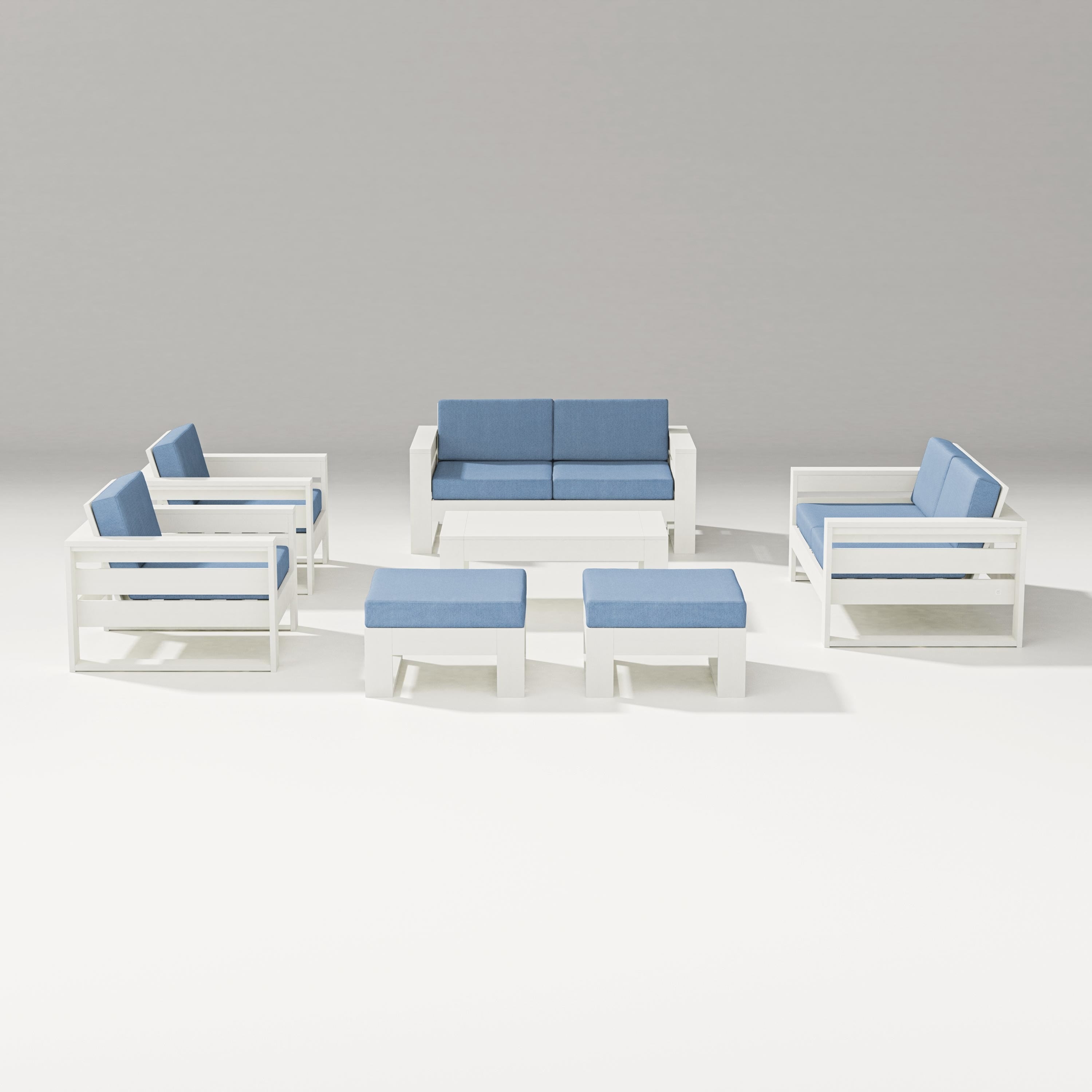 PW Designer Series Latitude 7-Piece Lounge Loveseat Set in Vintage White / Sky Blue