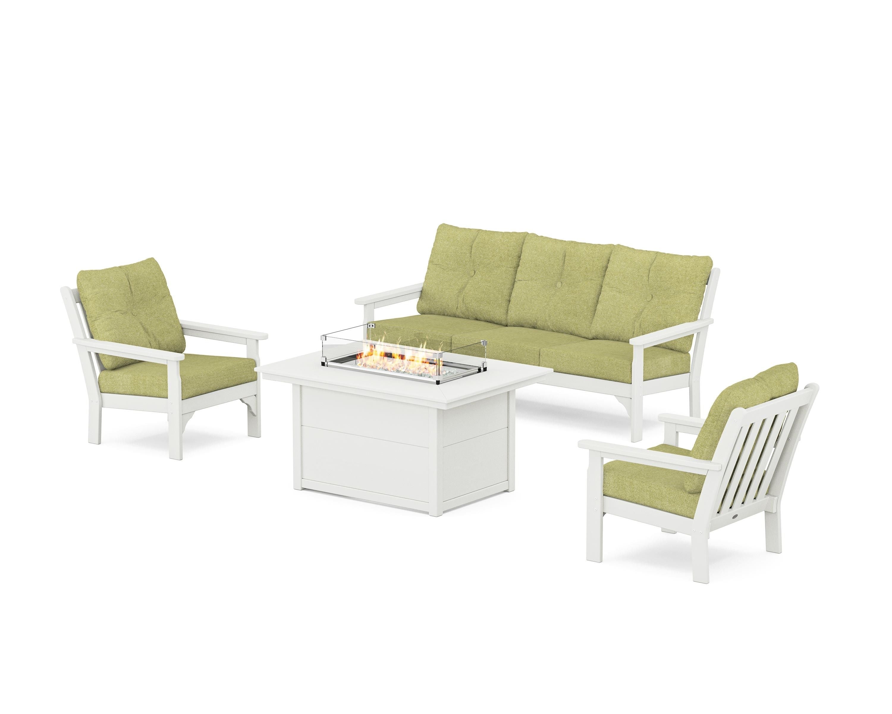 POLYWOOD Vineyard Deep Seating Fire Pit Table Set in Vintage White / Chartreuse Boucle