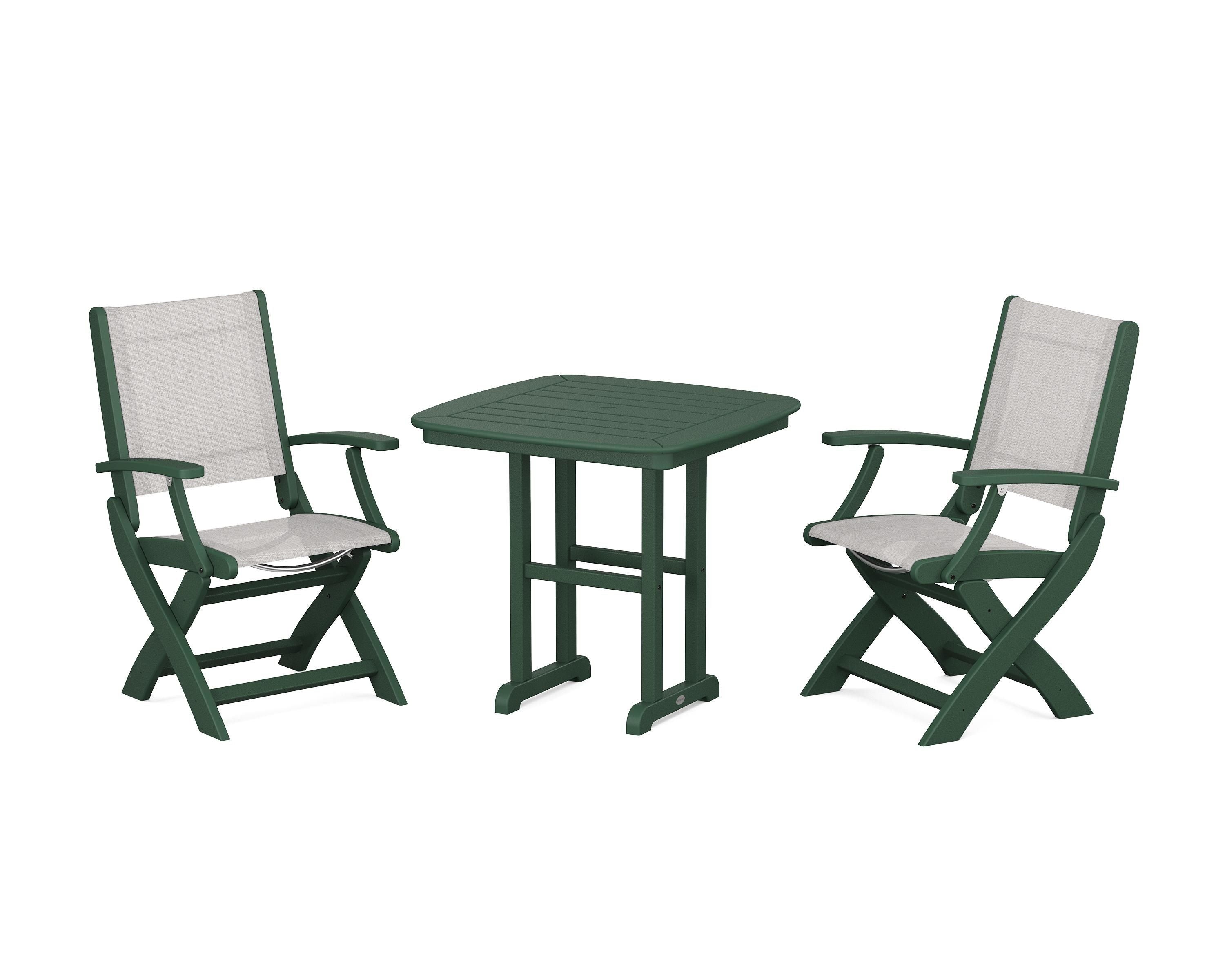 POLYWOOD Coastal Folding Chair 3-Piece Dining Set in Green / Parchment Sling