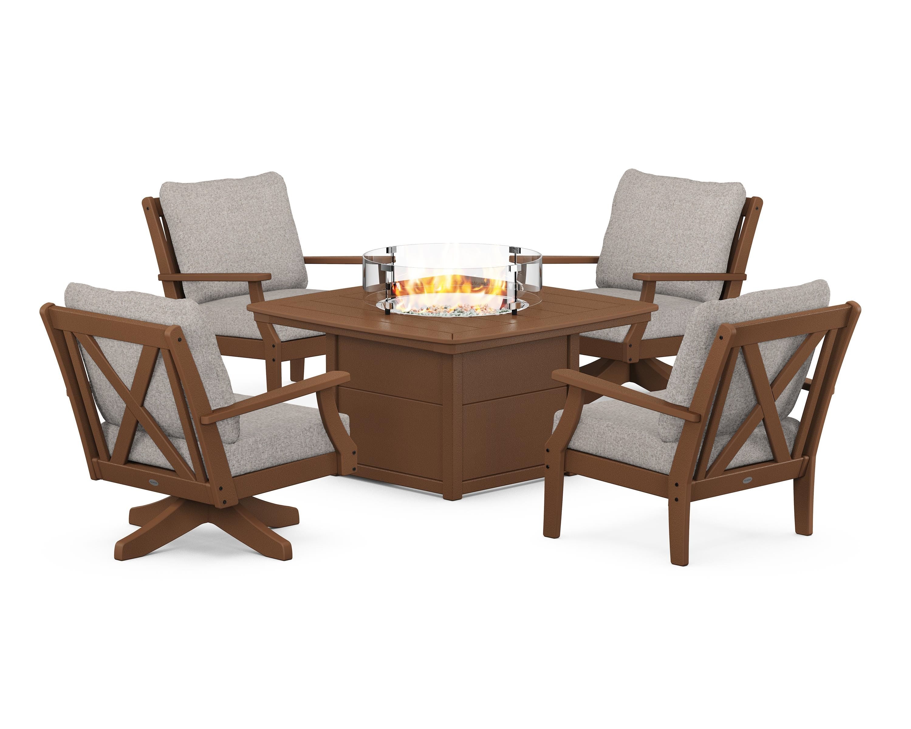 POLYWOOD Braxton 5-Piece Deep Seating Set with Fire Table in Teak / Weathered Tweed