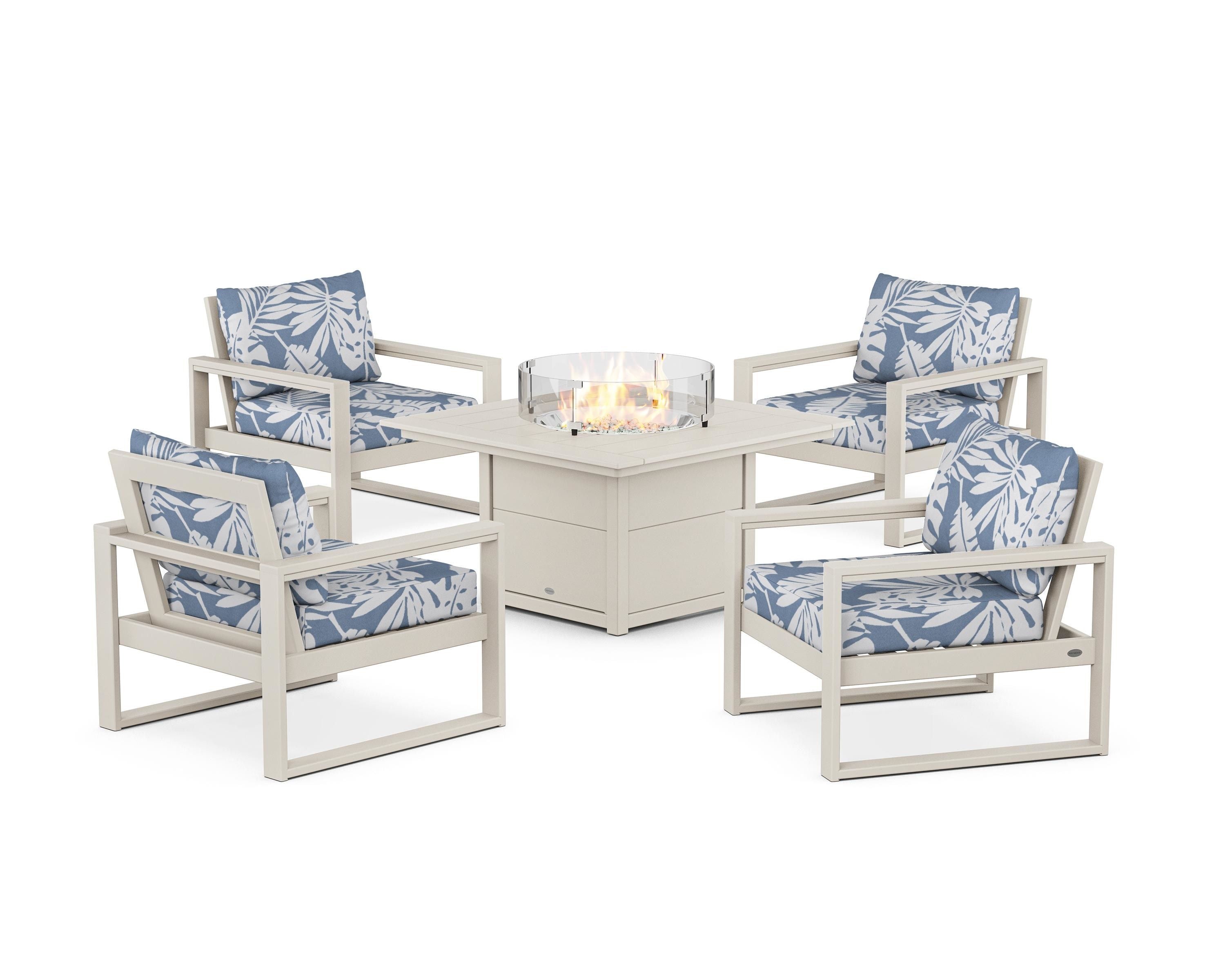 POLYWOOD EDGE Sectional 5-Piece Deep Seating Set with Fire Pit Table in Sand / Leaf Sky Blue