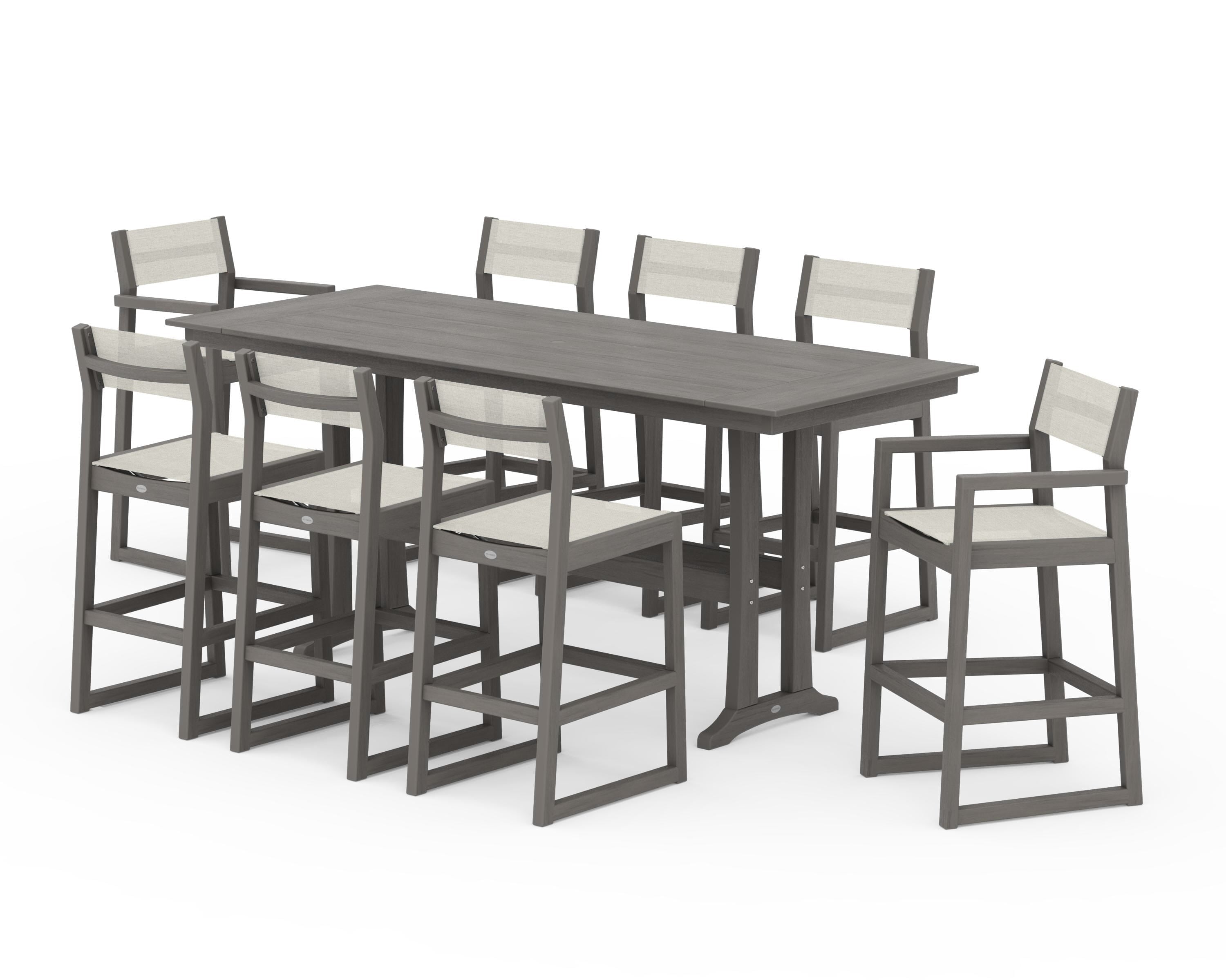 POLYWOOD EDGE Sling 9-Piece Farmhouse Bar Set with Trestle Legs in Driftwood / Parchment Sling