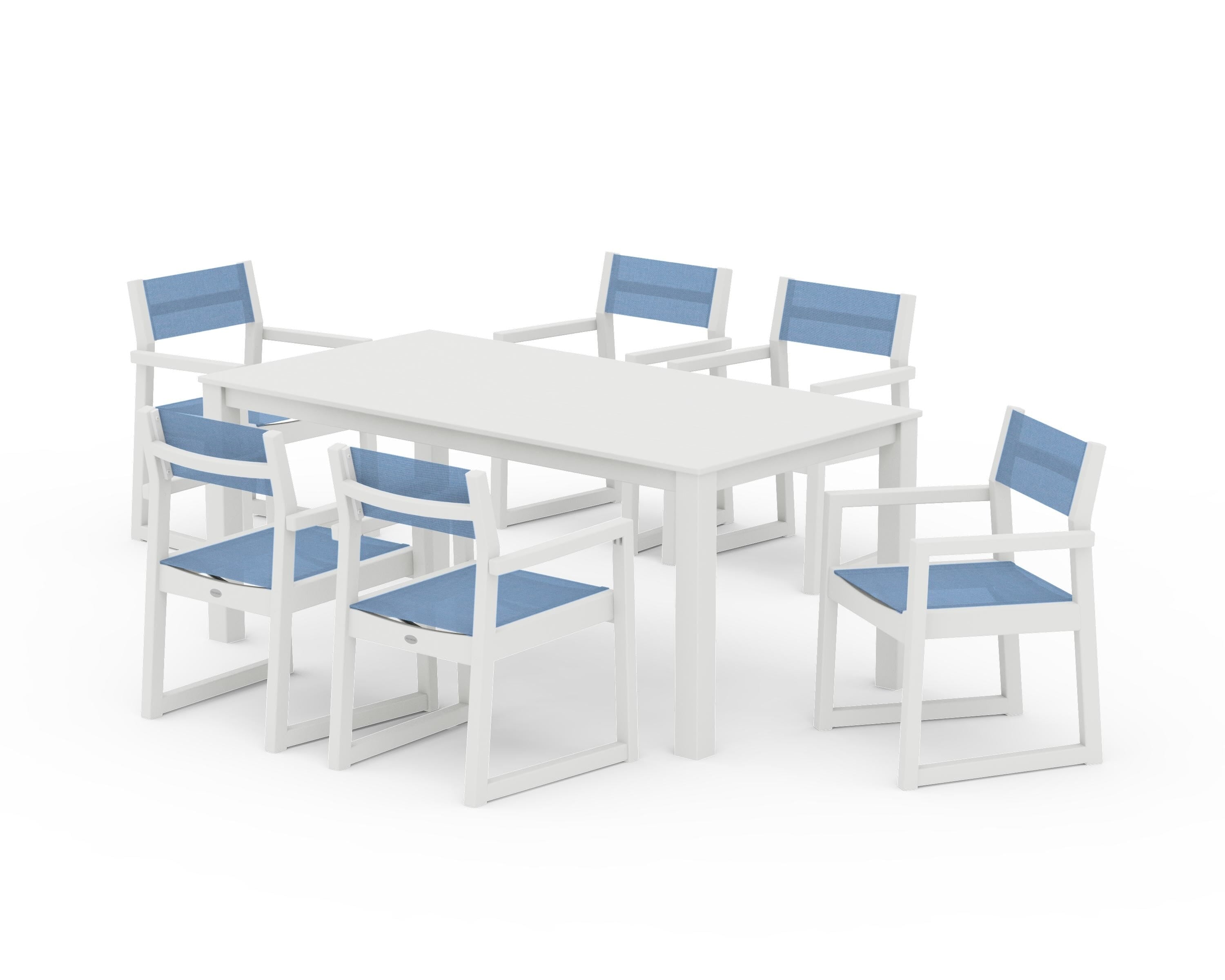 POLYWOOD EDGE Sling Arm Chair 7-Piece Parsons Dining Set in Vintage White / Poolside Sling
