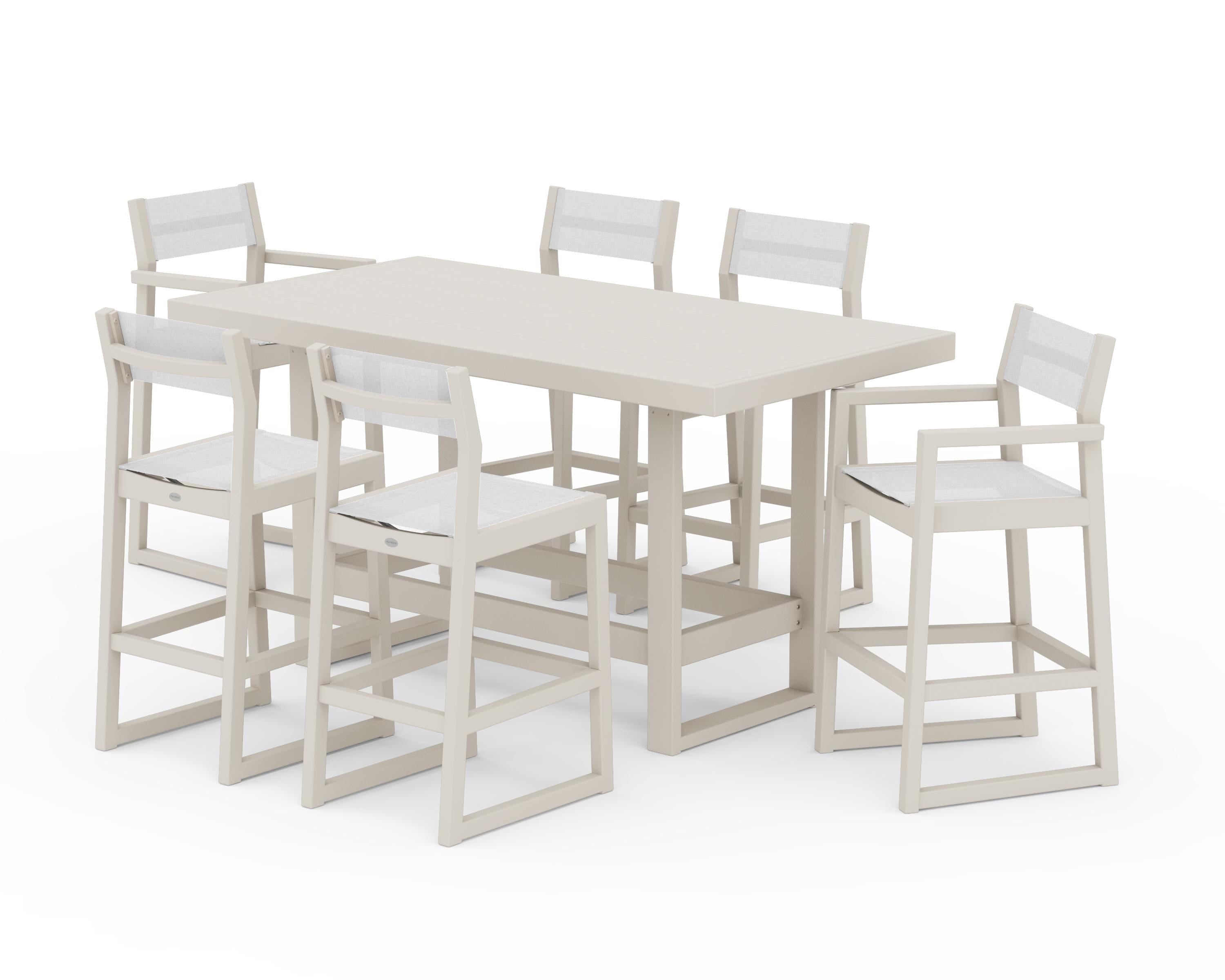 POLYWOOD EDGE Sling 7-Piece Bar Table Set in Sand / White Sling