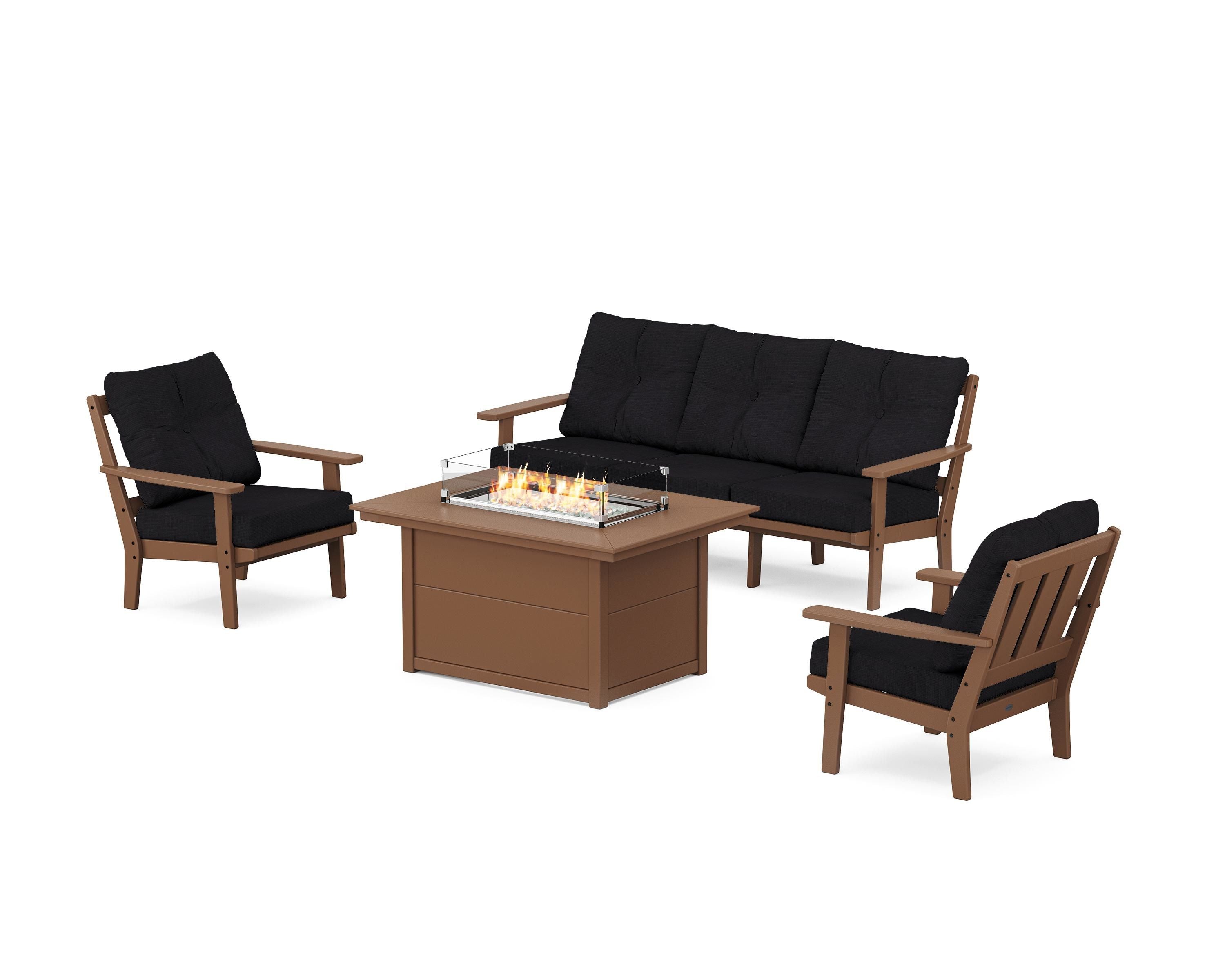 POLYWOOD Oxford Deep Seating Fire Pit Table Set in Teak / Midnight Linen