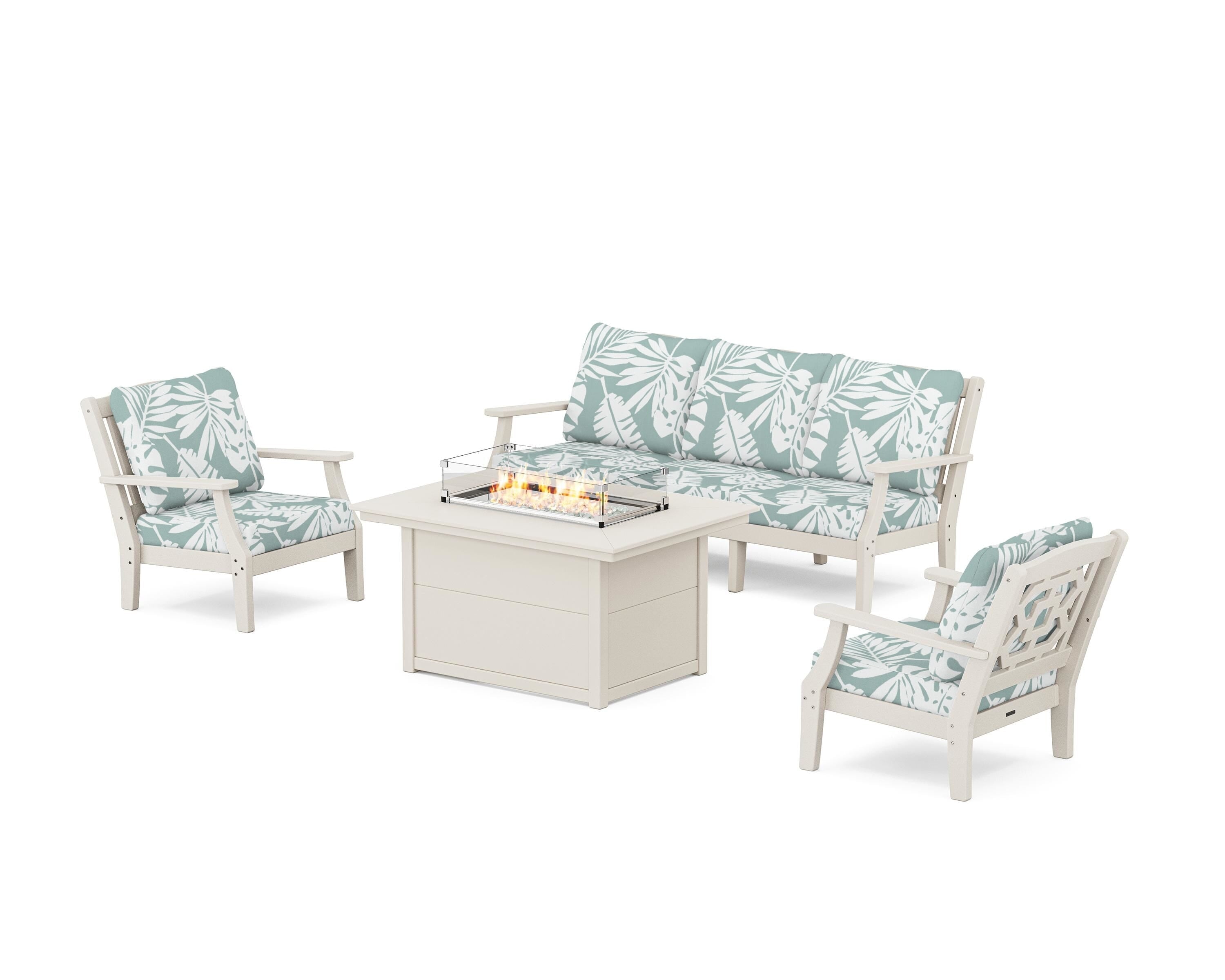 Martha Stewart by POLYWOOD Chinoiserie Deep Seating Fire Pit Table Set in Sand / Leaf Glacier Spa
