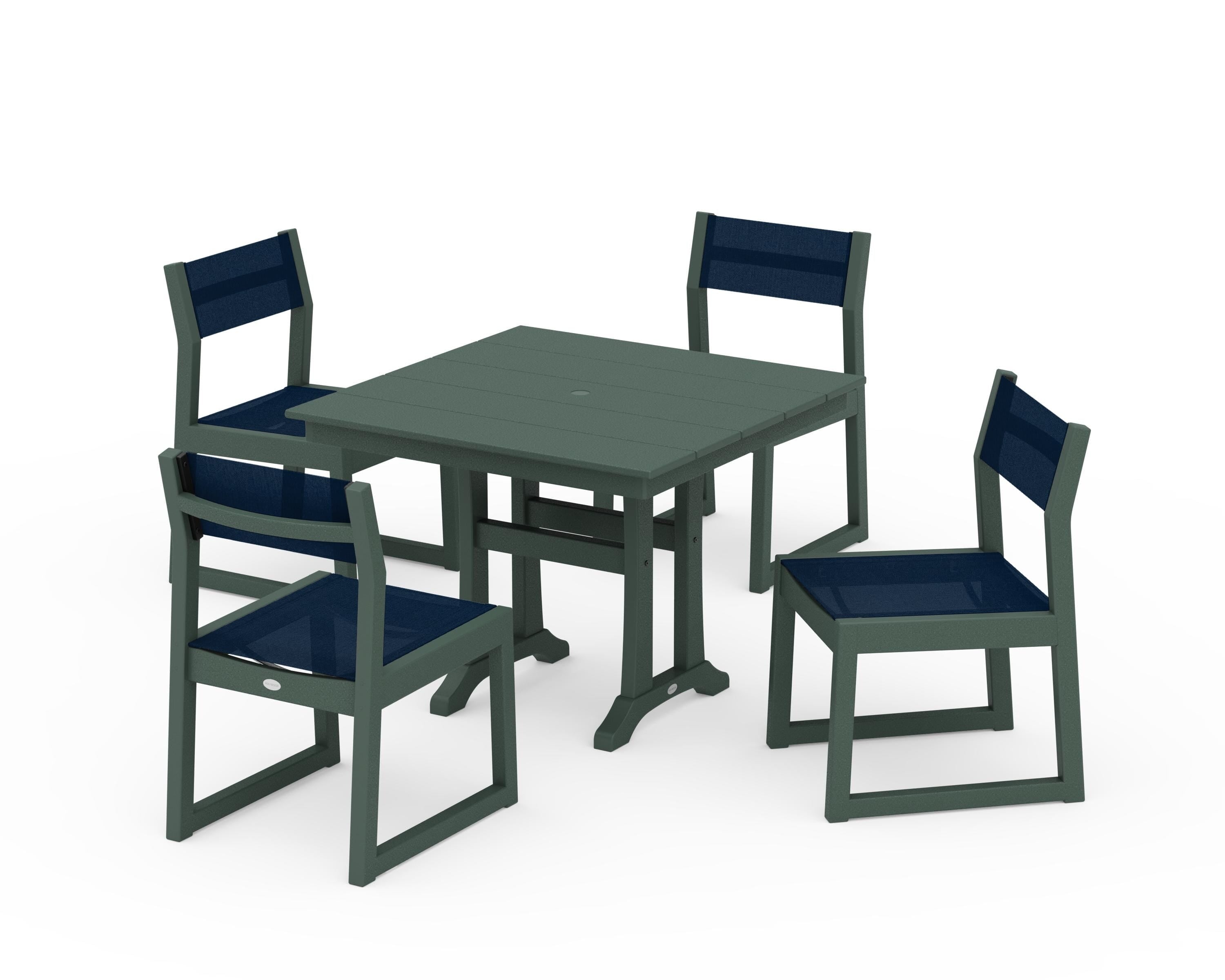 POLYWOOD EDGE Sling 5-Piece Farmhouse Trestle Side Chair Dining Set in Green / Navy Blue Sling