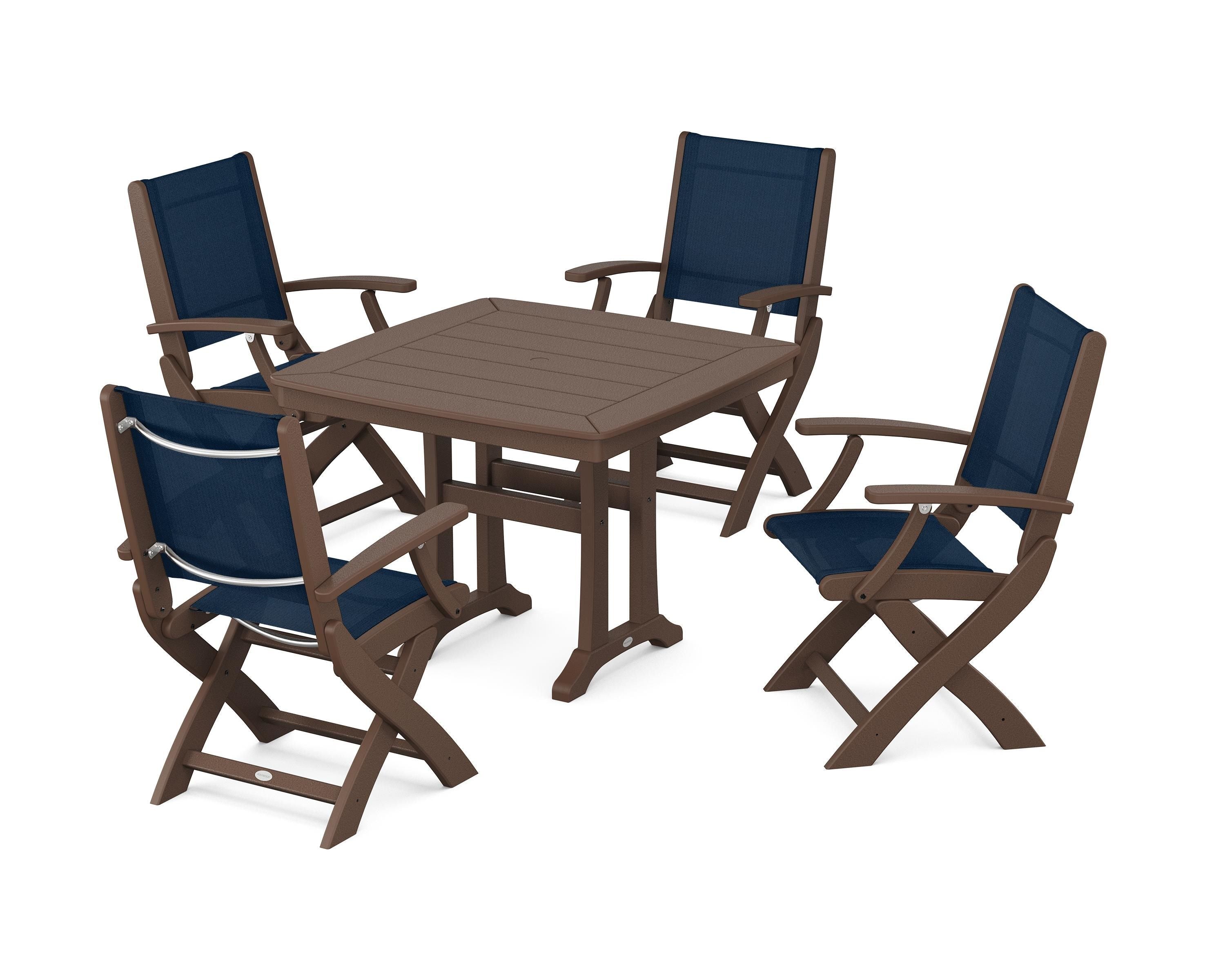 POLYWOOD Coastal Folding Chair 5-Piece Dining Set with Trestle Legs in Mahogany / Navy Blue Sling