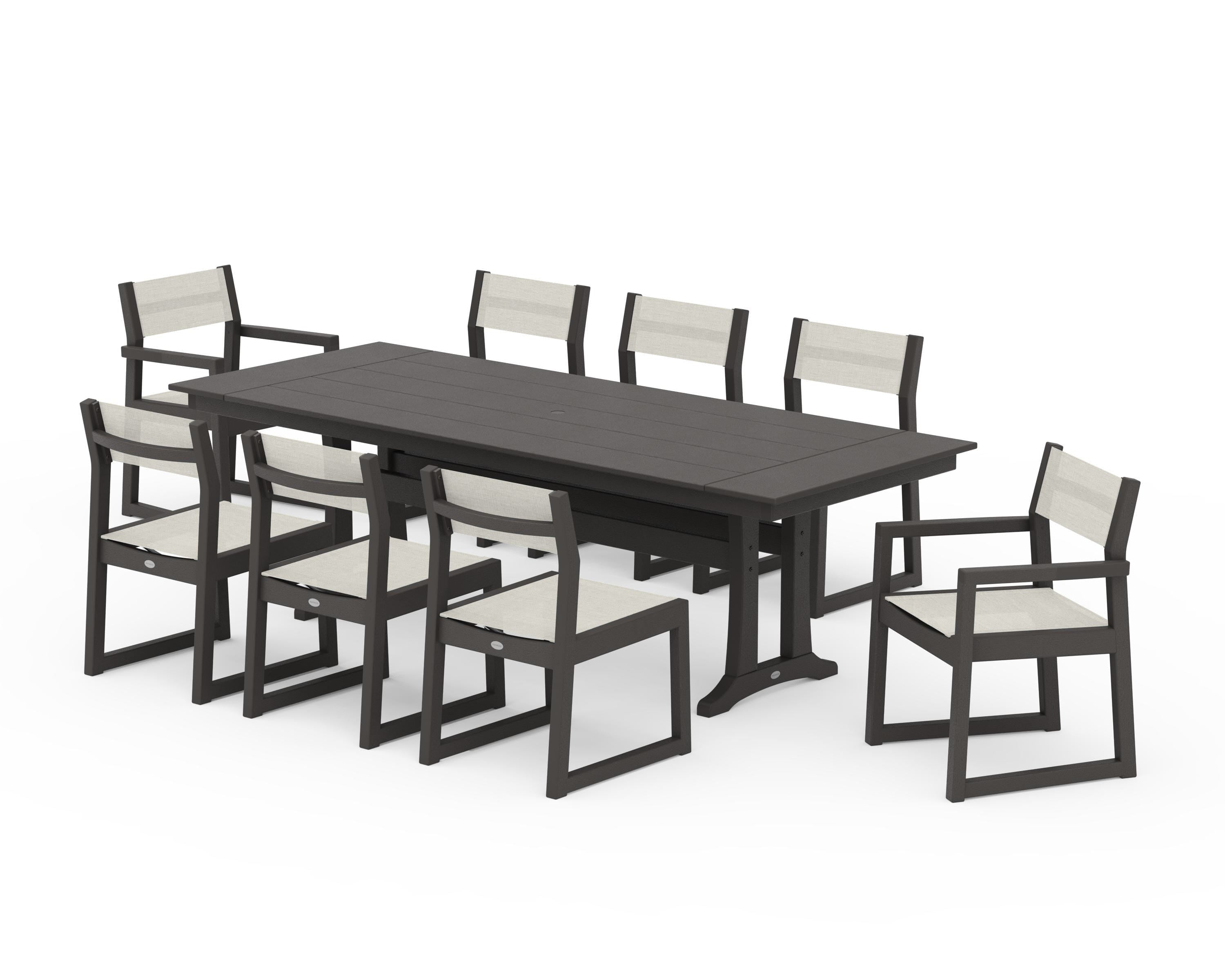 POLYWOOD EDGE Sling 9-Piece Farmhouse Trestle Dining Set in Vintage Coffee / Parchment Sling
