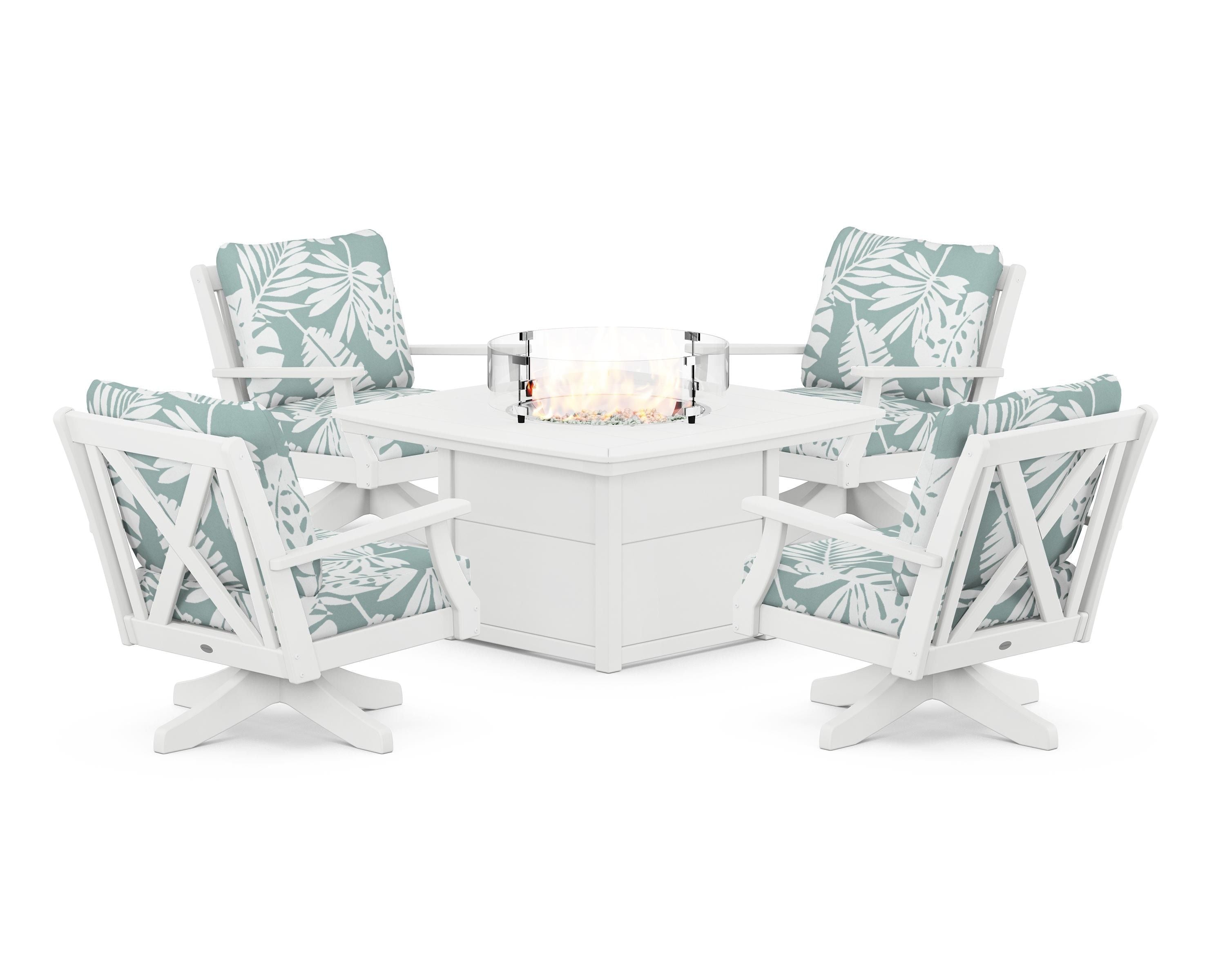 POLYWOOD Braxton 5-Piece Deep Seating Swivel Conversation Set with Fire Pit Table in White / Leaf Glacier Spa