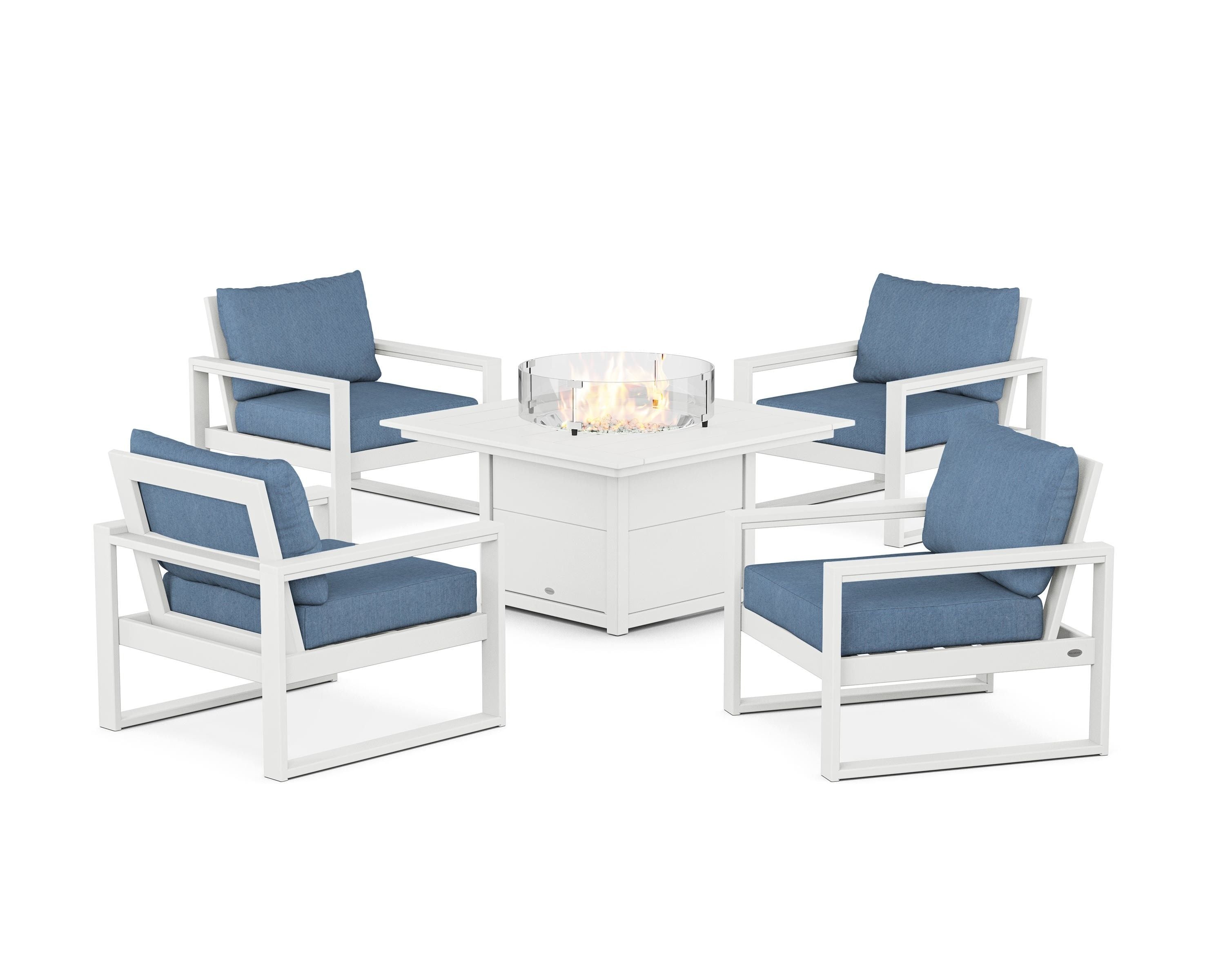 POLYWOOD EDGE Sectional 5-Piece Deep Seating Set with Fire Pit Table in White / Sky Blue